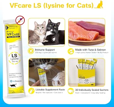 lysine for Cats l-lysine for Cats 250mg Tuna with Salmon Flavor Supplement Paste Supports Immunity FHV-1 Stress Recovery Digestion Calming no by-Products Vet Recommended 30 sachets