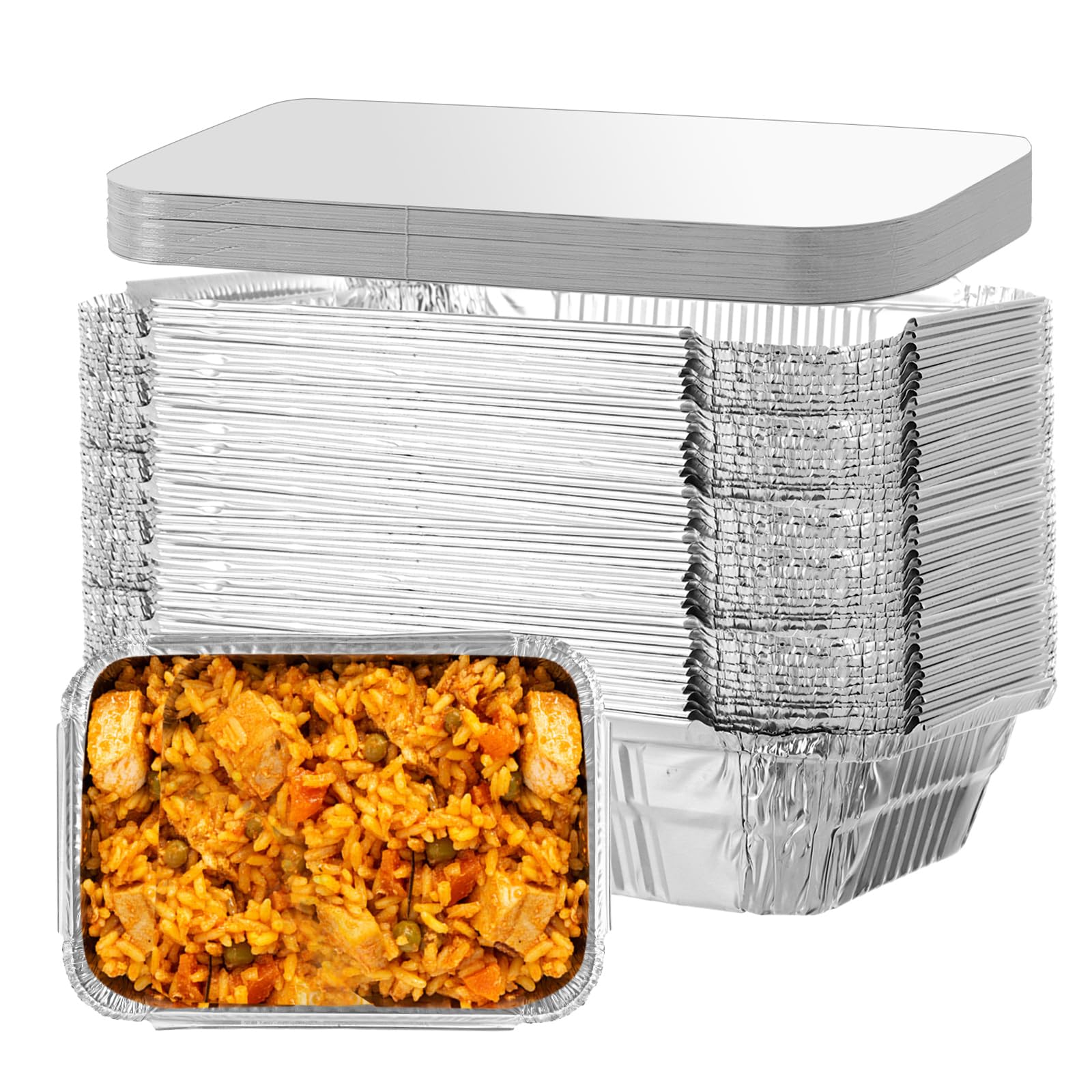 VIDETOL 60 Pcs Aluminum Foil Trays with Lids, 21.8 x 16 x 5.5cm Disposable Foil Food Containers with Lids, 1000ml Takeaway Tin Foil Trays for Food Storage, Roasting, Baking, Broiling and Freezing