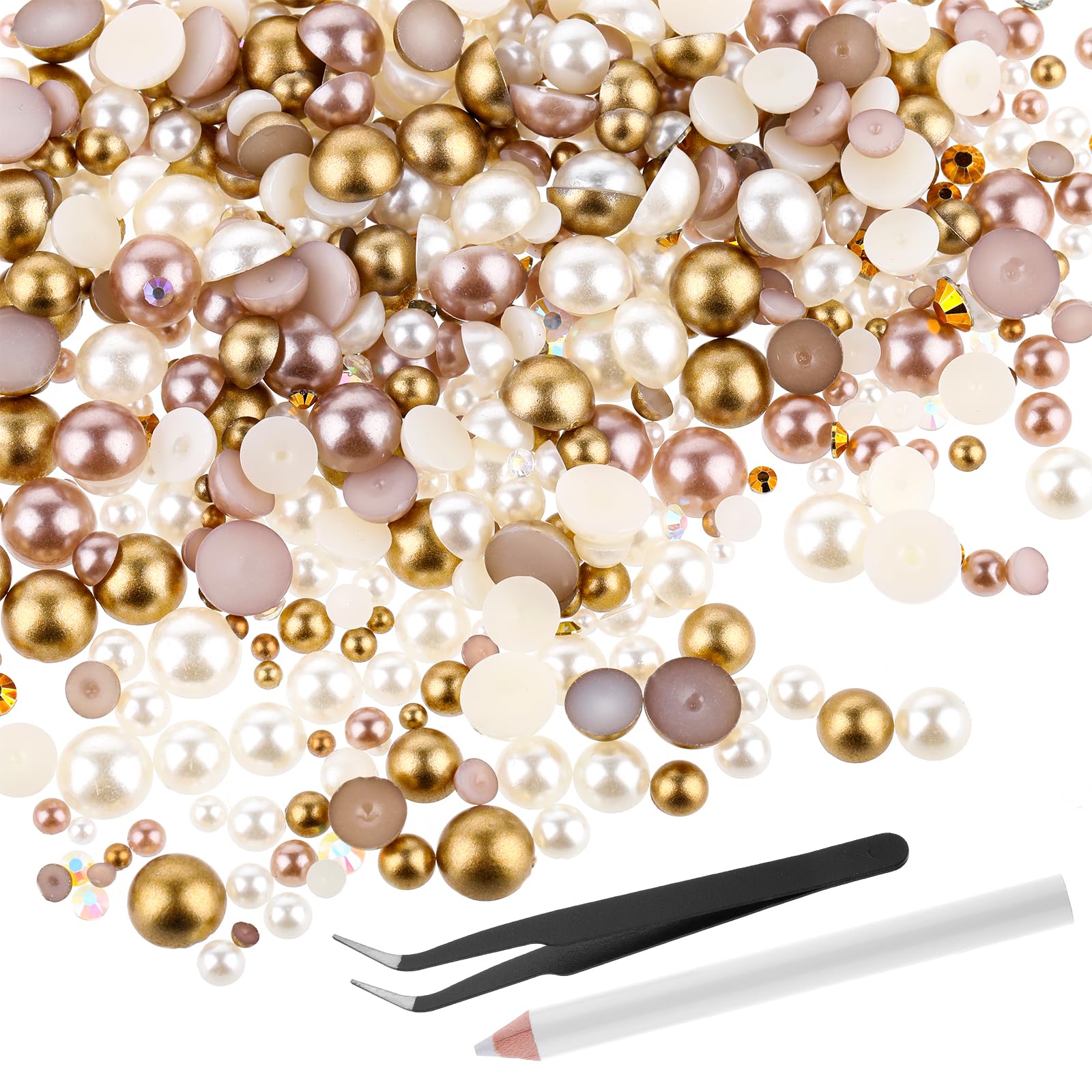 50g Mix Flat Back Pearls and Rhinestones for Crafts with Tweezers and Positioning Pen 3mm-10mm Flatback Rhinestones Half Pearls for Crafting Gold Rhinestones Crystal Beads Sequins for Crafts