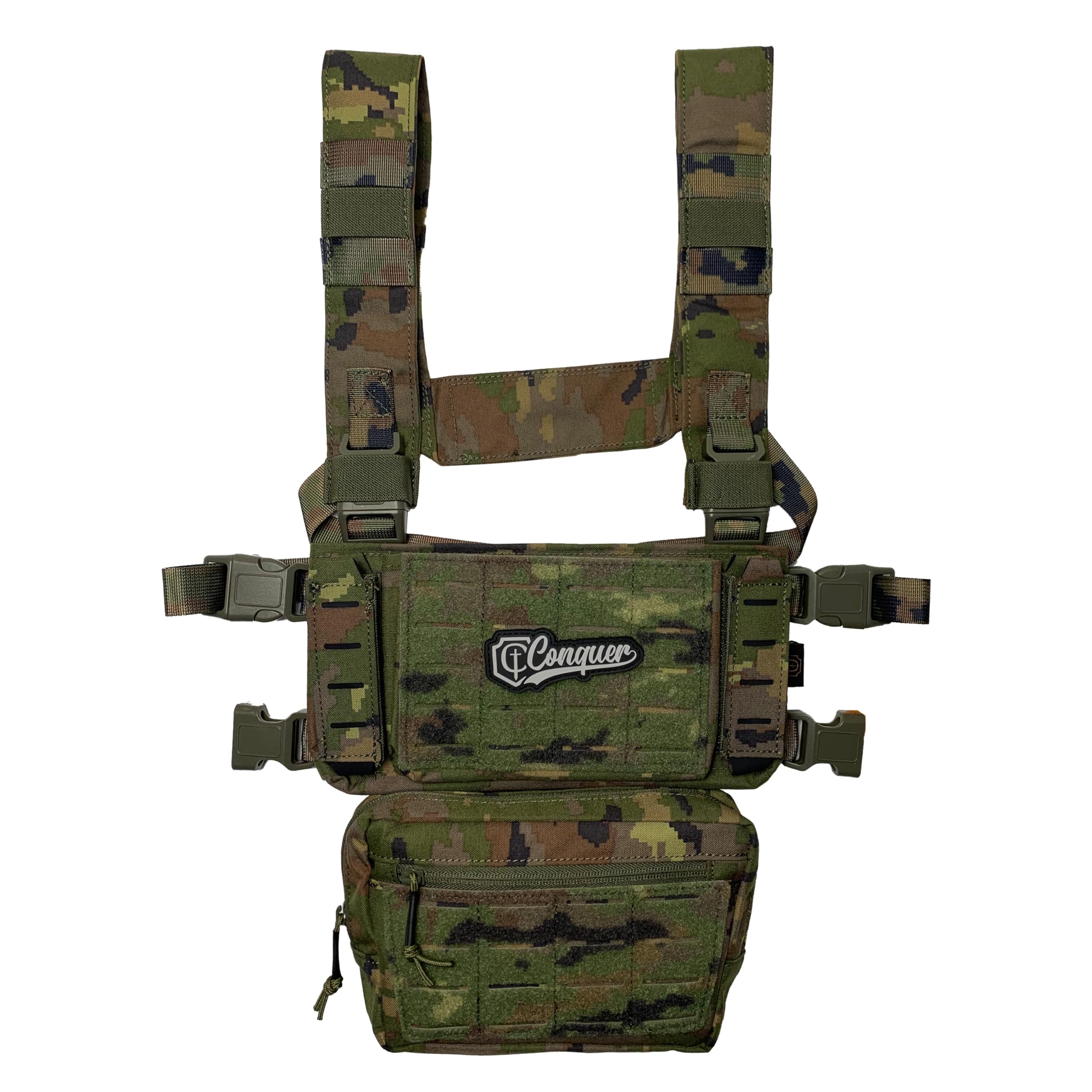 Genérico Conquer Core Chest Rig Chaleco Táctico Modular, Negro, 0,6 kg, Sistema MOLLE, pouches portacargador y pouch DDU incluido. Especial para operaciones tácticas y airsoft