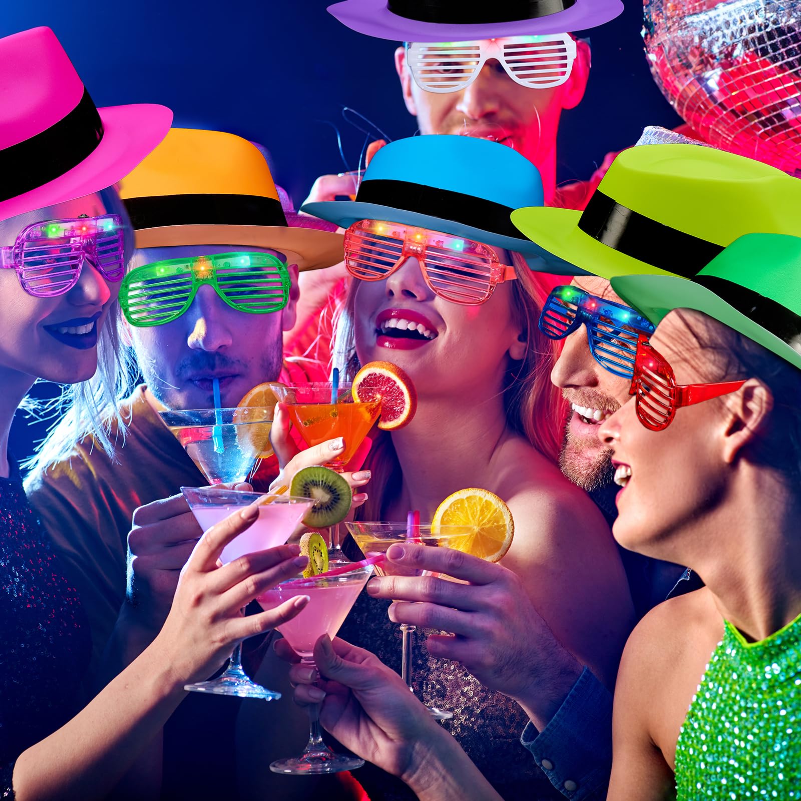 Lot de 60 chapeaux de fête néon avec 30 lunettes lumineuses à DEL en plastique de couleur fluo pour fête des années 80