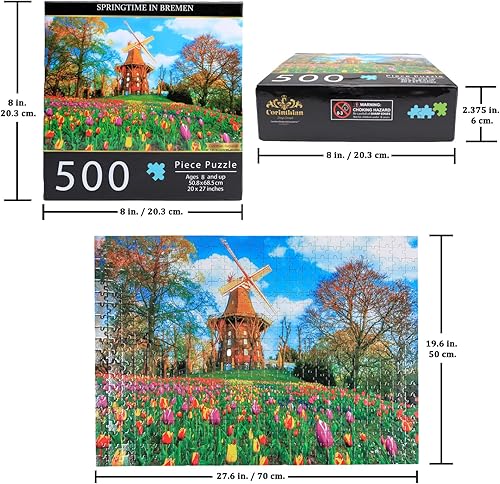 Miniatura 6 de Springtime in Bremen - Rompecabezas de 500 piezas para adultos o niños, rompecabezas de molino de viento de paisaje paisajístico escénico, un juego