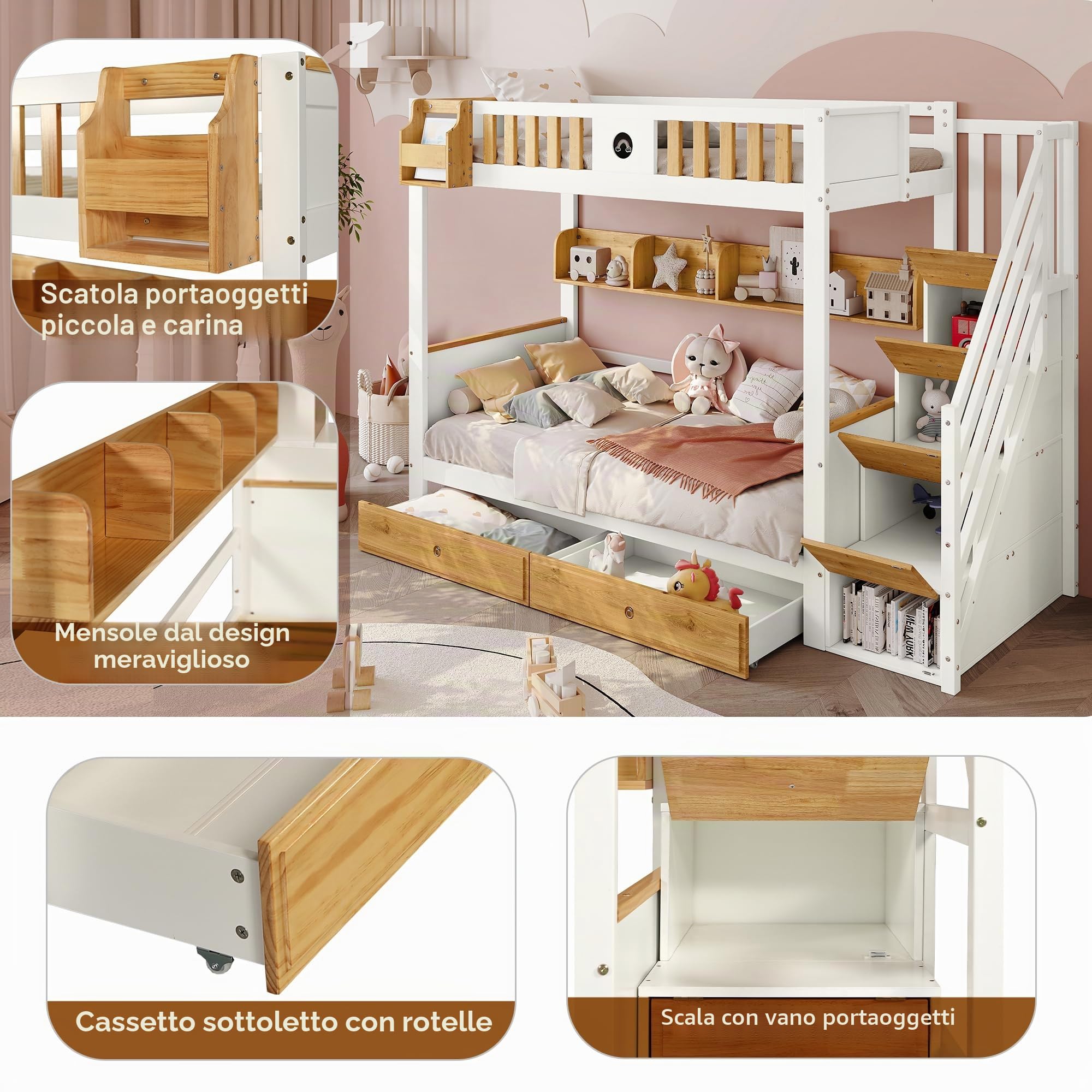 Letto a castello 90 x 200 cm, con lavagne, scale con vano portaoggetti e cassetti, letto a soppalco per 2 bambini, letto a soppalco con rete a doghe e protezione dalle cadute, senza materasso
