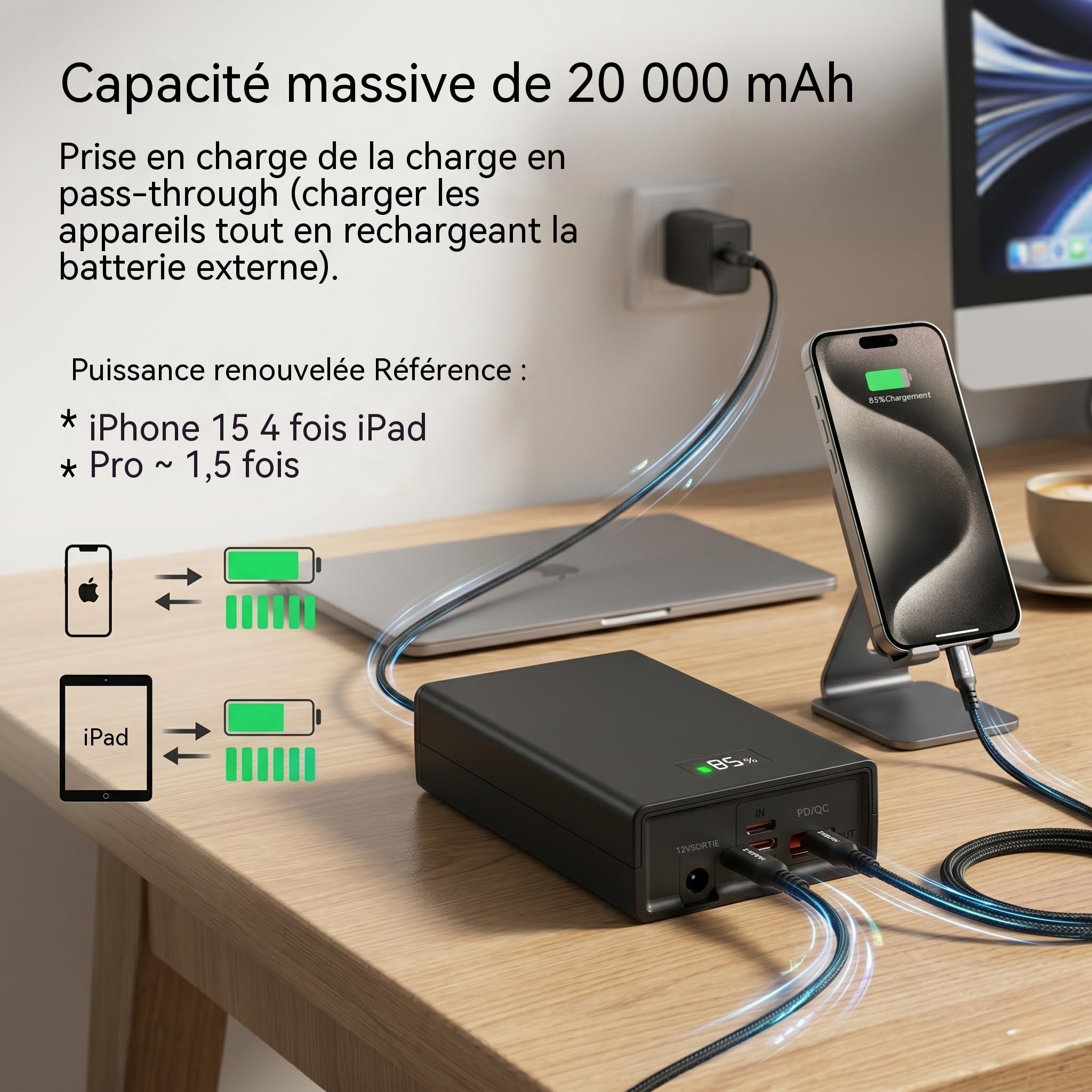 Batterie Externe 10000mAh Charge Rapide PD 30W & QC, Port de Sortie DC 12V/3A pour Vêtements Chauffants et PC Portables, Double Entrée, Power Bank pour iPhone, Samsung, Tablette, Routeur, Smartwatch