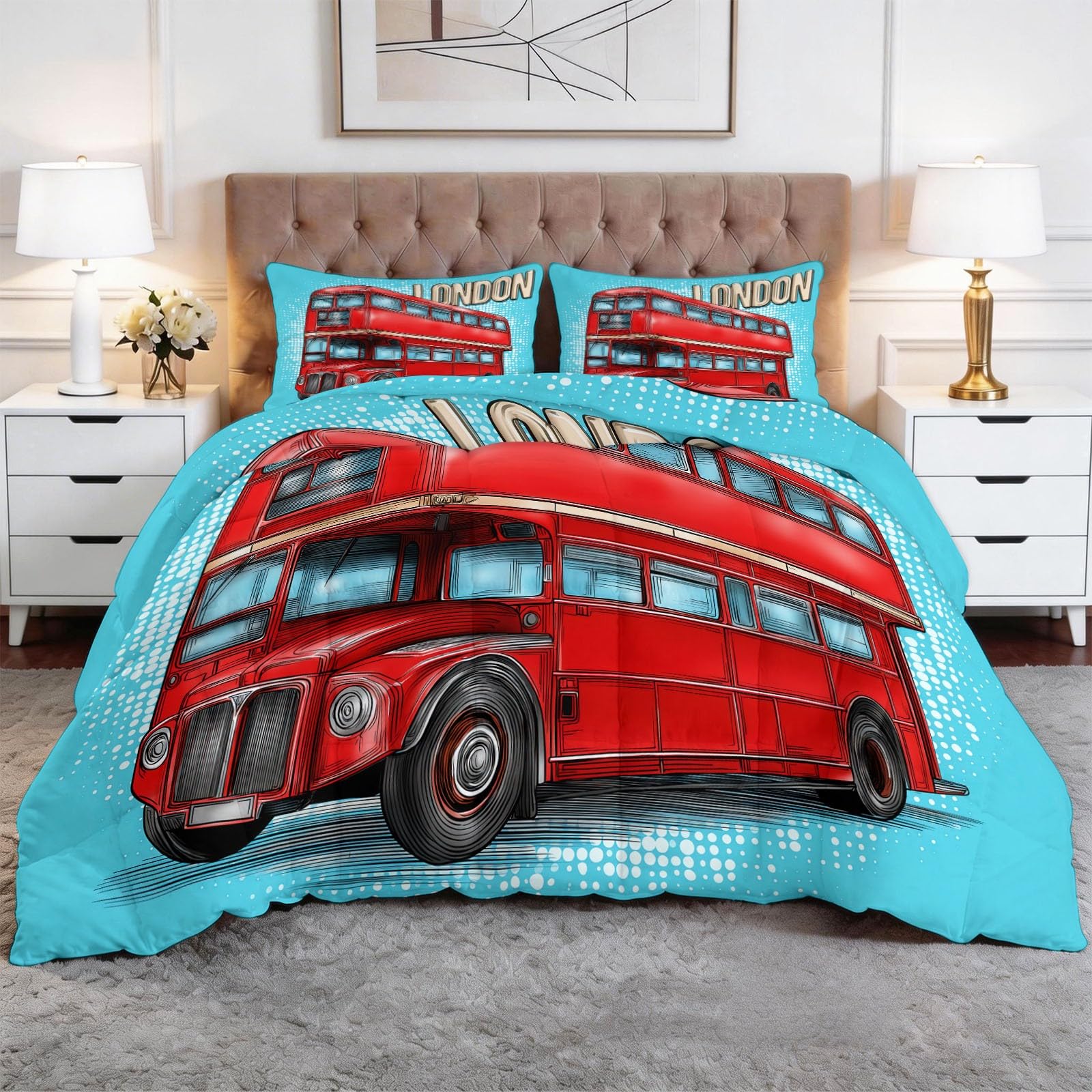 Couette Réversible 240x260 cm Edredon Hiver Été Imprimé Bus Londres