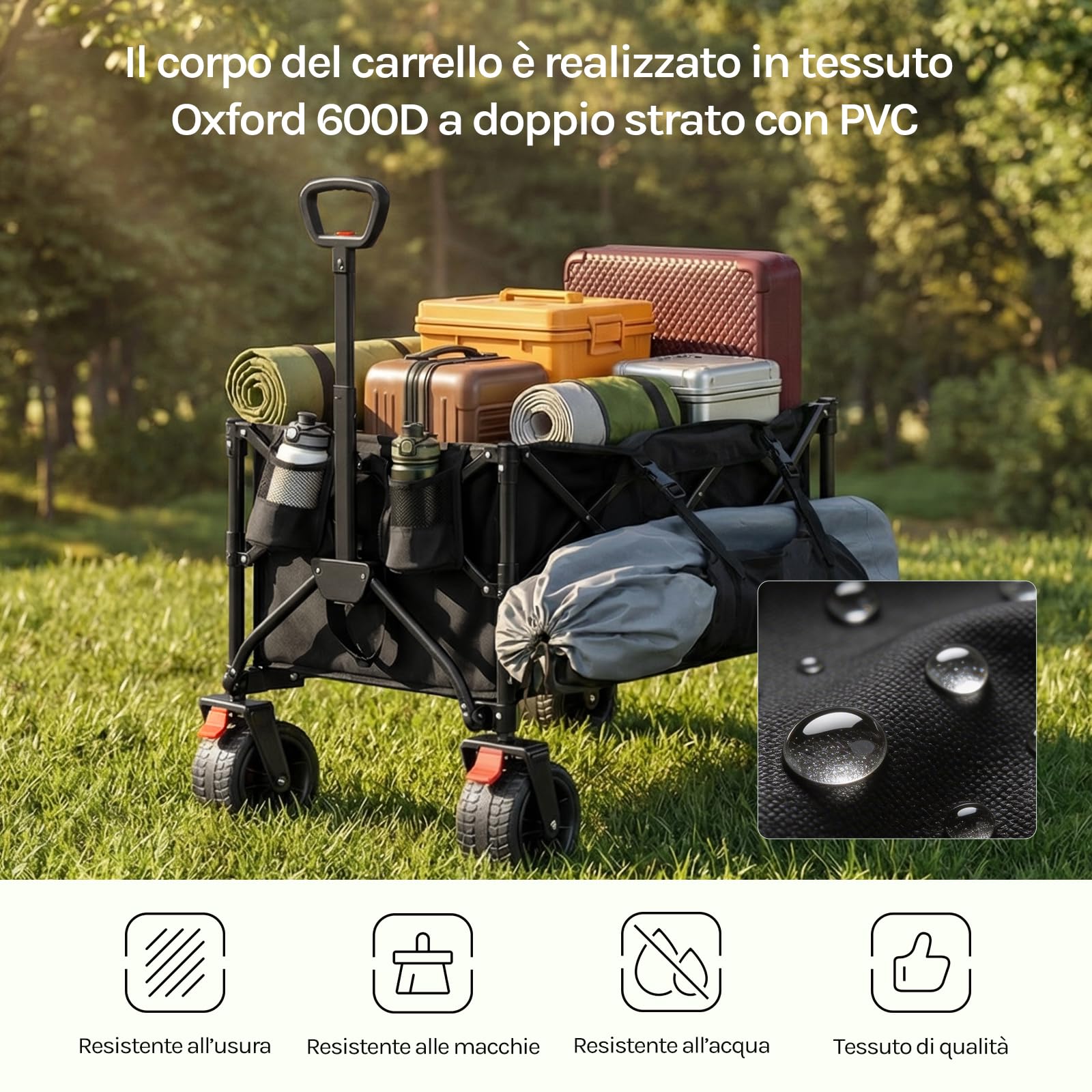 WOLTU Carrello Pieghevole Multifunzione con Ruote Rimovibili, Manico Regolabile, Custodia Antipolvere, Telaio in Acciaio, 150 L, Portata 180 kg, Carrello da Giardino per Campeggio e Spiaggia, Nero