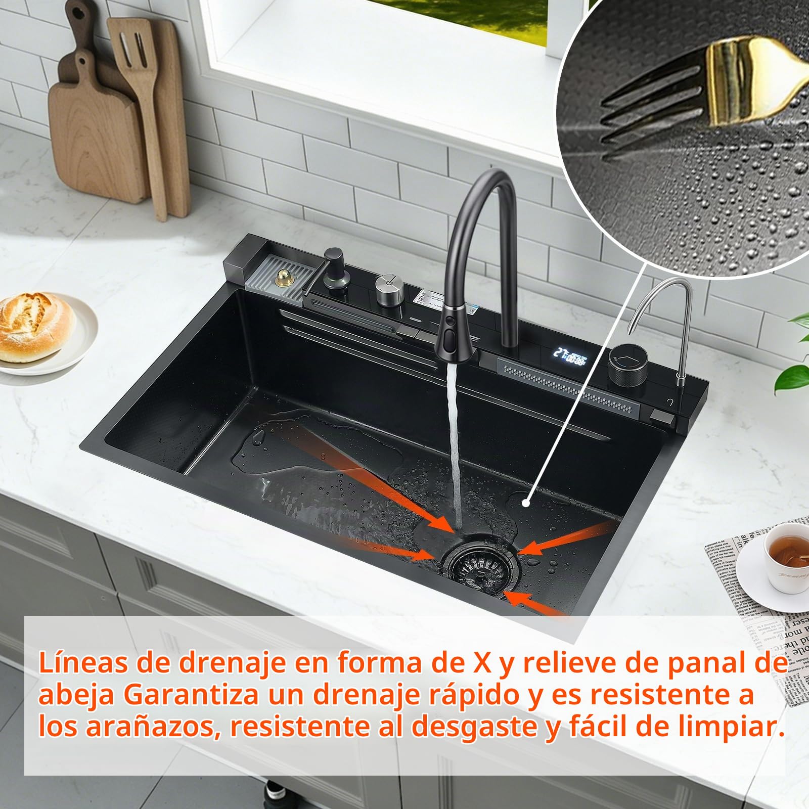 Fregadero Cocina Multifuncional 1 Seno Negro 80x45 cm | Fregadero Cascada en Acero Inoxidable 304, Grifo Extraíble y Grifo Filtrante, Tabla de Cortar y Accesorios Completos