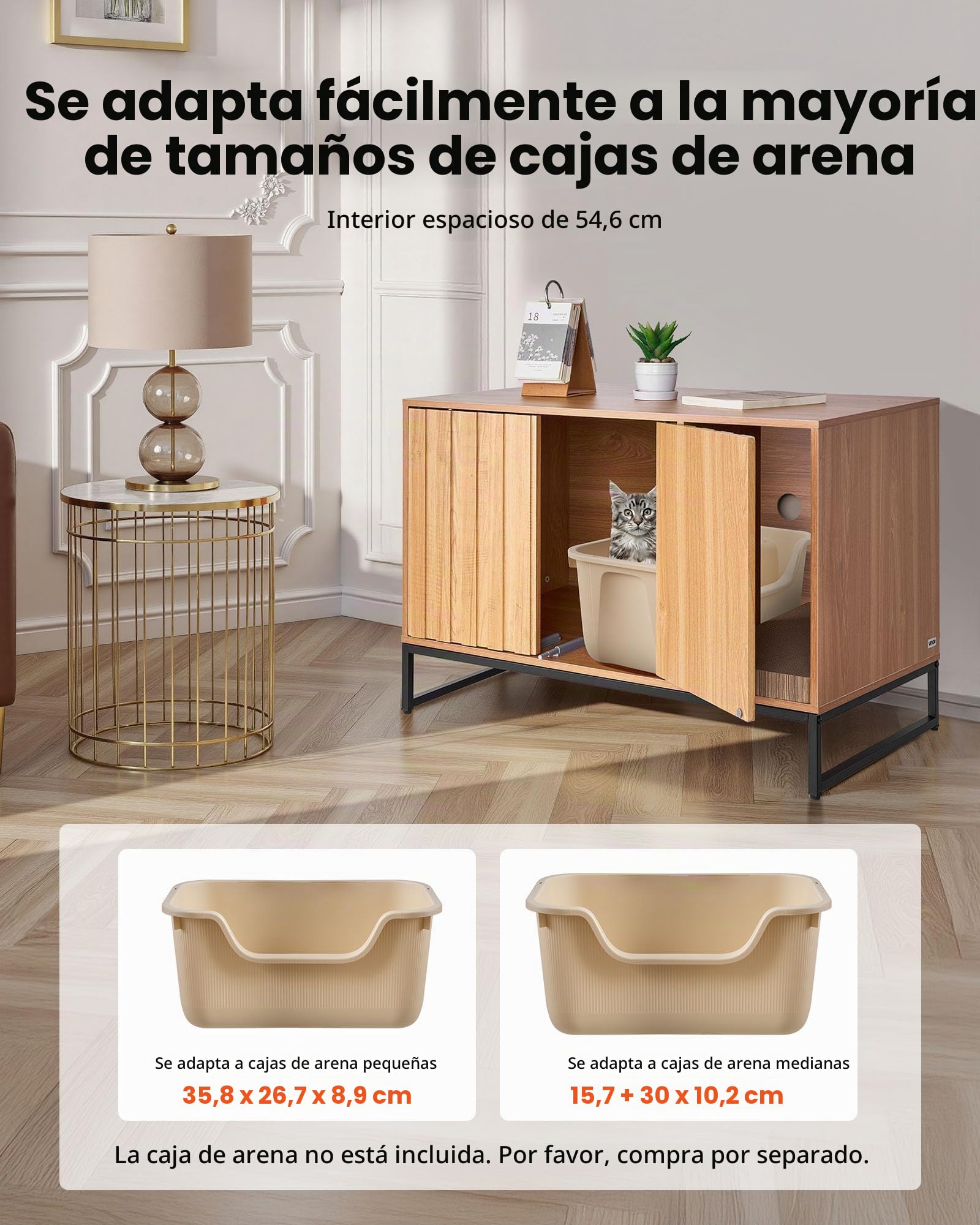 VEVOR Armario de Almacenamiento para Caja de Arena para Gatos, Escondite con Rascador, con Patas de Metal, Apto para la Mayoría de Cajas de Arena, para Sala de Estar, 80 x 51 x 56,8 cm, Madera