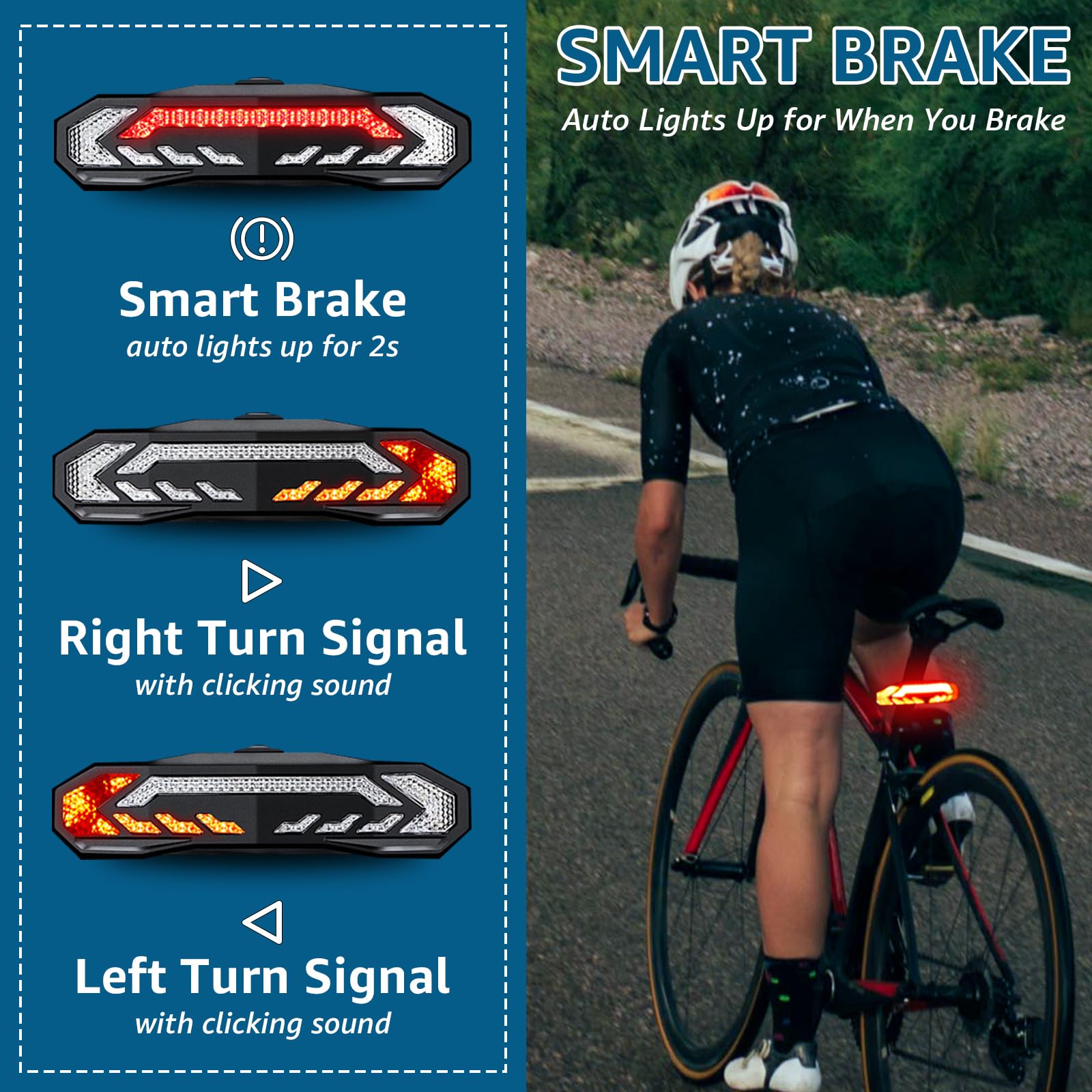USUPERINK Luz trasera para bicicleta con intermitentes y luz de freno, control remoto inalámbrico, luz trasera de bicicleta recargable por USB, luz de advertencia de seguridad con función antirrobo