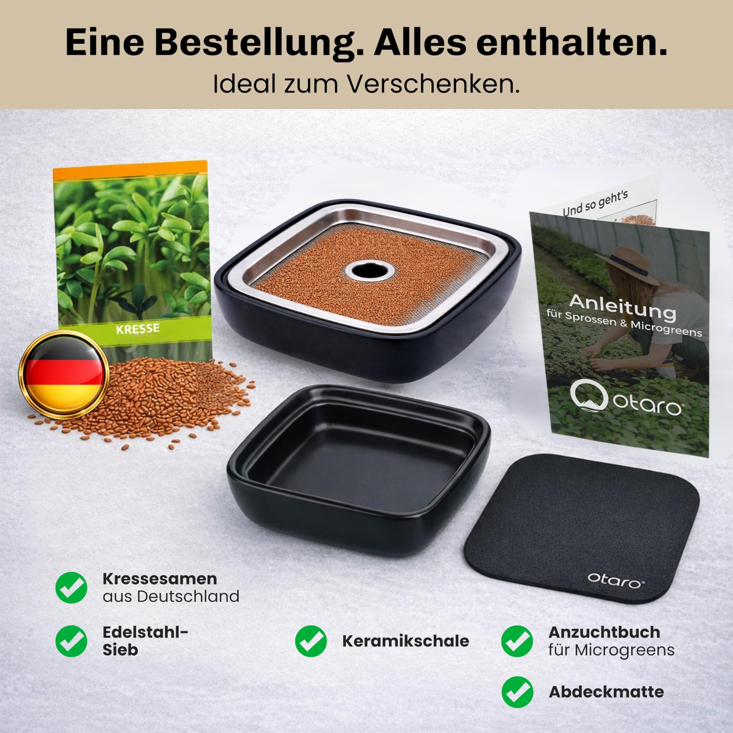 Otaro Kresse Anzuchtschalen inkl. Kressesamen aus Deutschland | Direkt Loslegen | Sprossen Anzuchtset | Edles Kressesieb | Keimschalen für Sprossen | (Schwarz - Premium Keramikset)