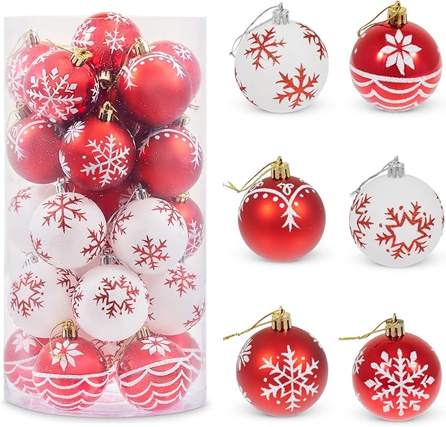 SA Products 30-piece Glitter Christmas Balls Set - Christmas Tree Baubles Pack - Shatterproof Hanging Red and White Christmas Decorations & Ornaments for Xmas Trees, Garlands, Wreaths, DIY Home Decor