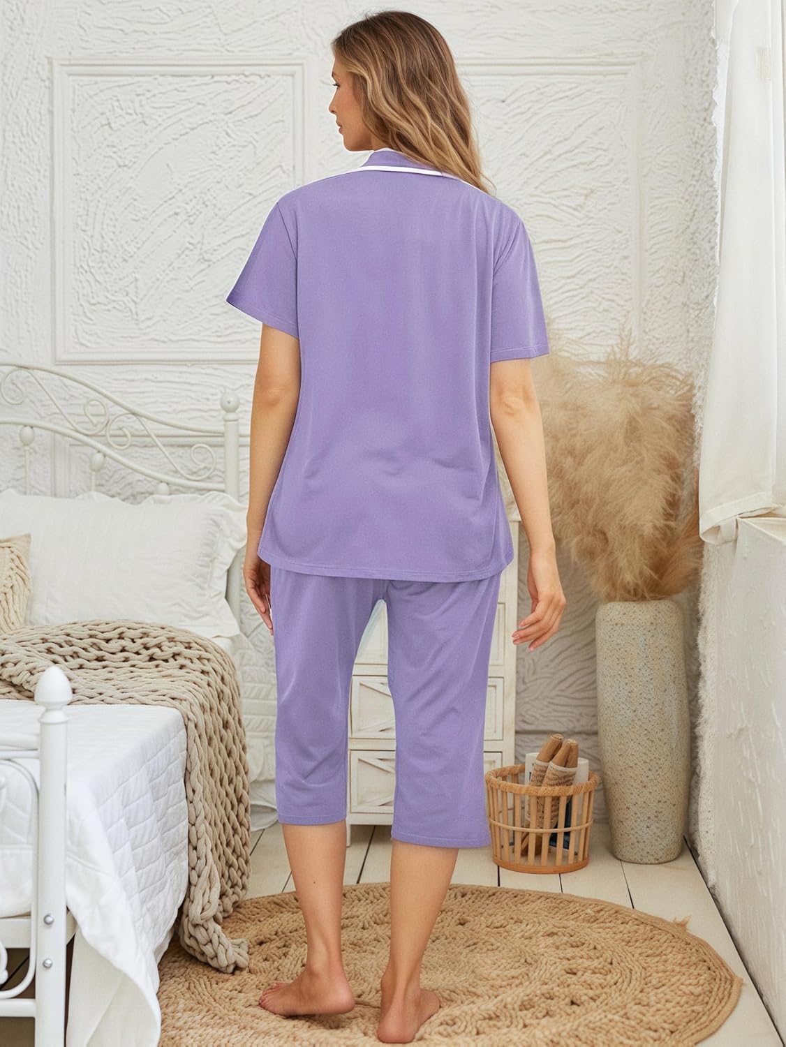 Womens Capri Pajamas Set Button Down Short Sleeve Lounge Sets Sleepwear Notch Collar Top & Capri 2 Piece PJ Sets - Image 4