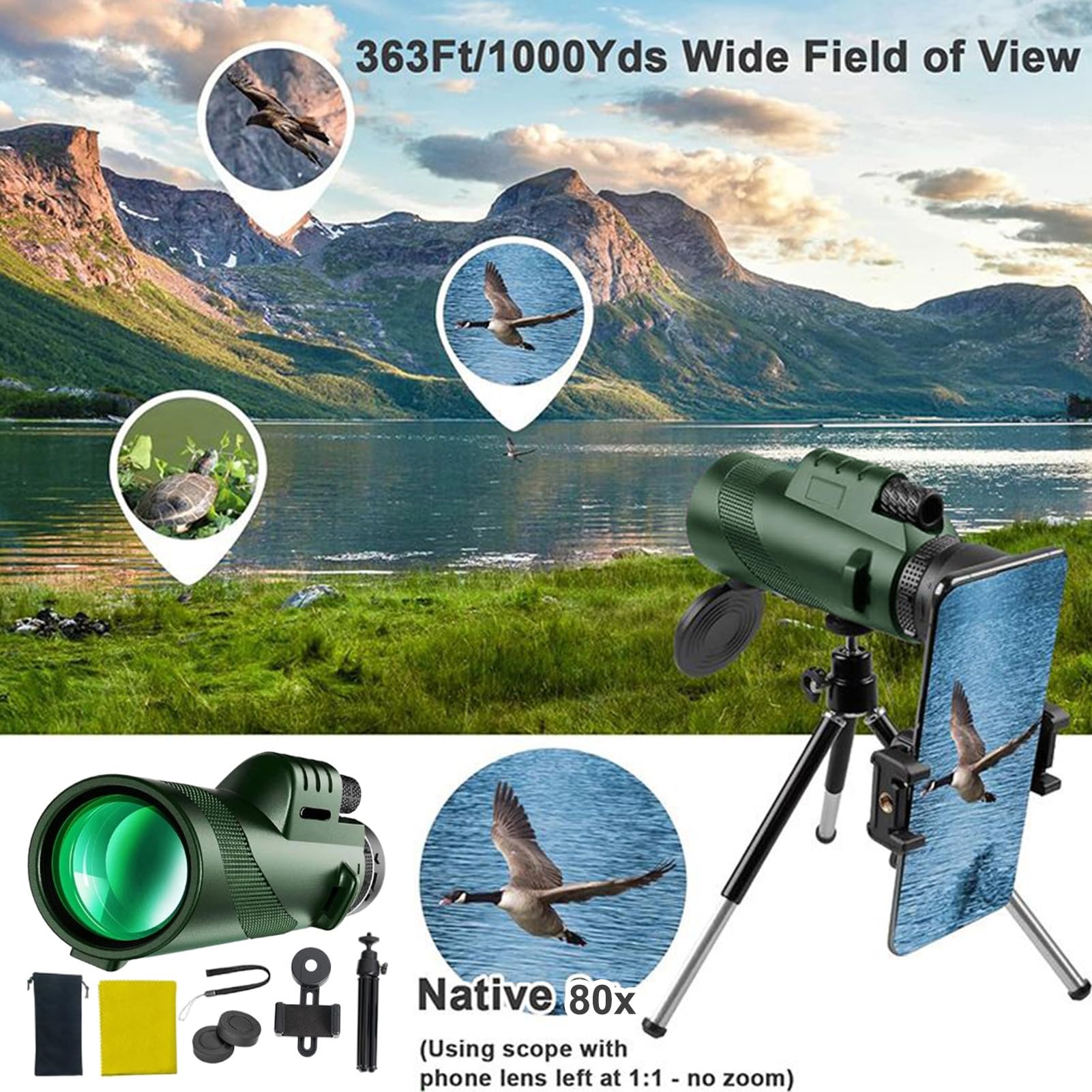 Telescopio Monoculare 80x100 Mm Ad Alta Potenza - Leggero E Portatile Per Trekking, Caccia, Birdwatching