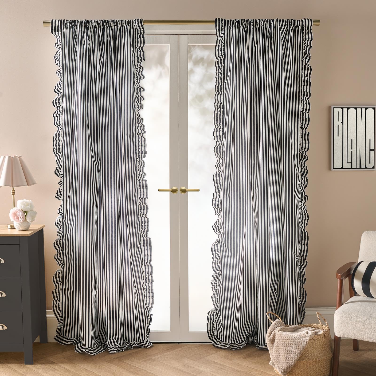 Ohs Mono Voile Net Curtain For Windows, 87 Drop 2 Panels Voile Curtains Decorative Stripe Frill Edge Slot Top Design Sheer Curtains For Living Room Bedroom 55" X 87", Chrome