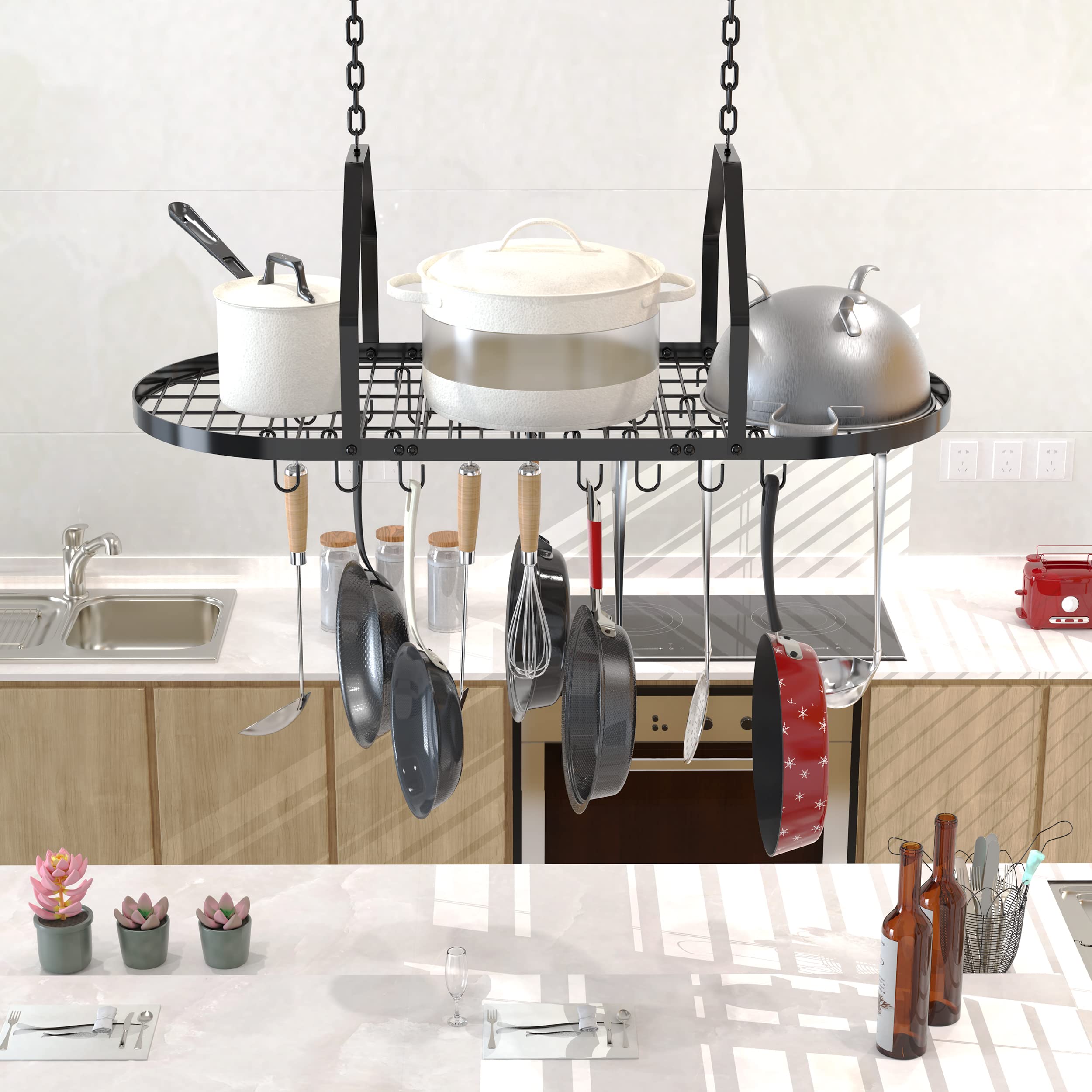 Scaffale per pentole e padelle, organizer da cucina, organizer multiuso per casa, ristorante e cucina, con 20 ganci rimovibili (nero)