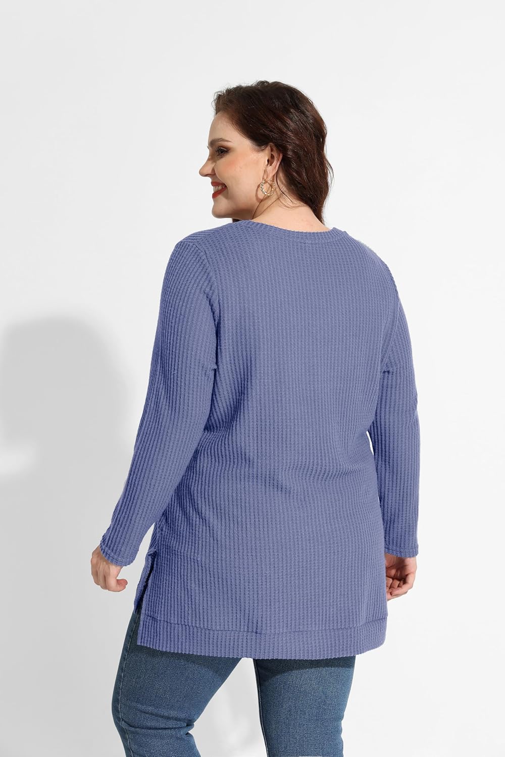 RITERA Plus Size Women Sweaters Waffle Knit Pullover Top Long Sleeve Casual Crewneck Shirt Loose Split Hem Fall Winter Blouse - Image 2