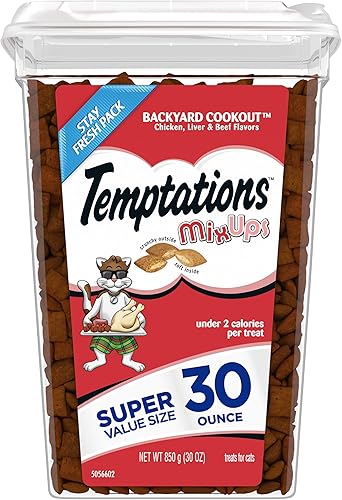 TEMPTATIONS MixUps Crunchy and Soft Cat Treats Backyard Cookout Chicken Liver Beef Flavors Multiple Sizes TEMPTATIONS MixUps Crunchy and Soft Cat Treats Backyard Cookout Chicken Liver Beef Flavors Multiple Sizes