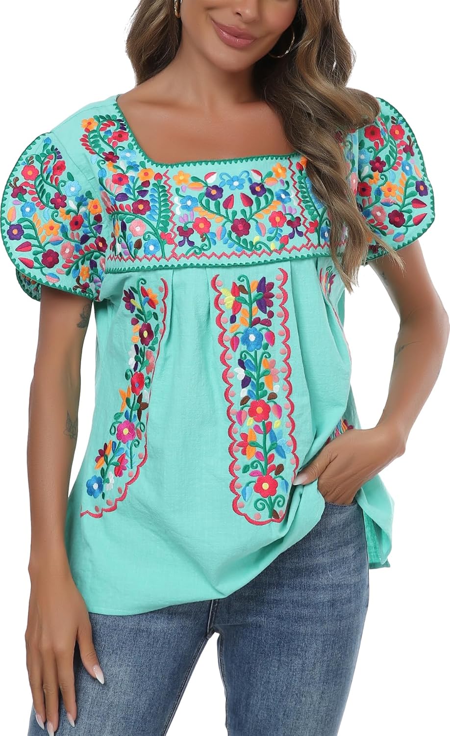 Mexican Shirts for Women Embroidered Tops Traditional Peasant Summer Tunic Blouse - Image 4
