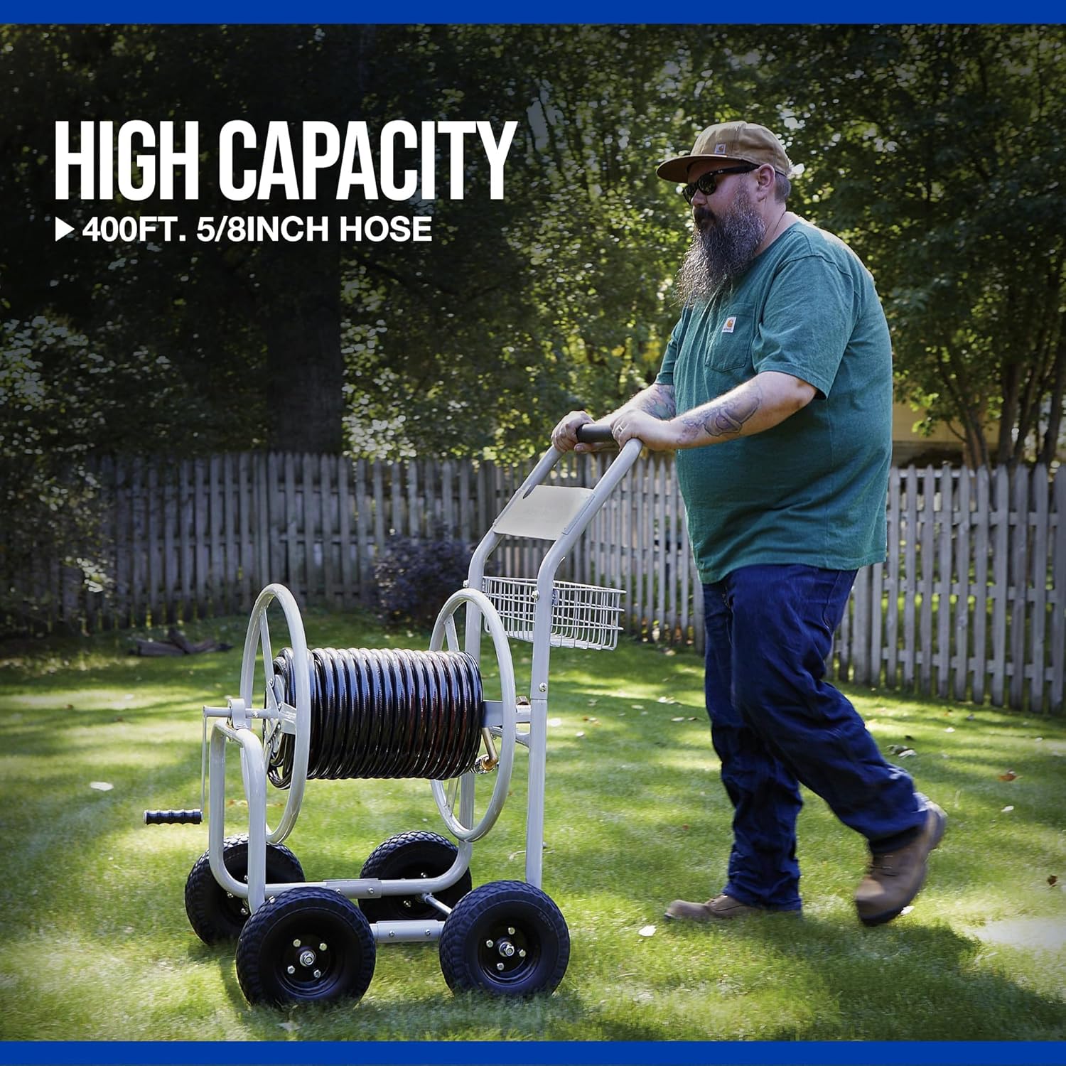 Strongway Garden Hose Reel Cart, Holds 5/8 in. x 400 ft. Hose, Tubular Steel Frame, 10 in. Flat-Free Tires, Brass Fittings, 6 ft. Leader Hose, Integrated Basket, for Garden, Yard and Farm