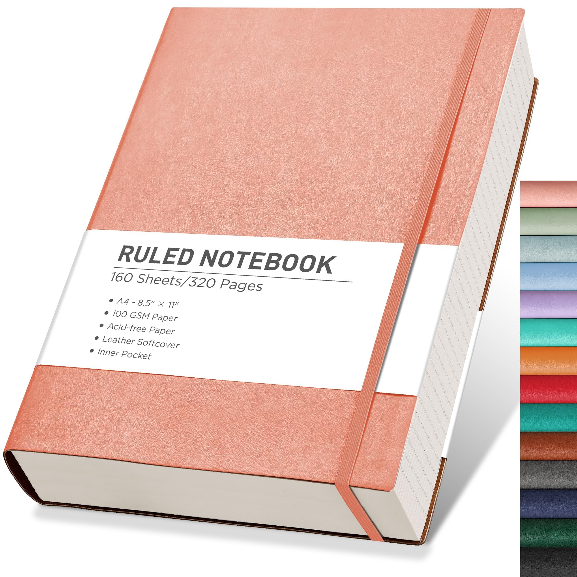 RETTACY Journaling Notebooks, A4 Lined Notebook Journal with 320 Pages, 8.5" × 11", Large Size, Notebook Journal for Work, School, Writing, Leather Softcover, 100 GSM Thick Paper (Pink)