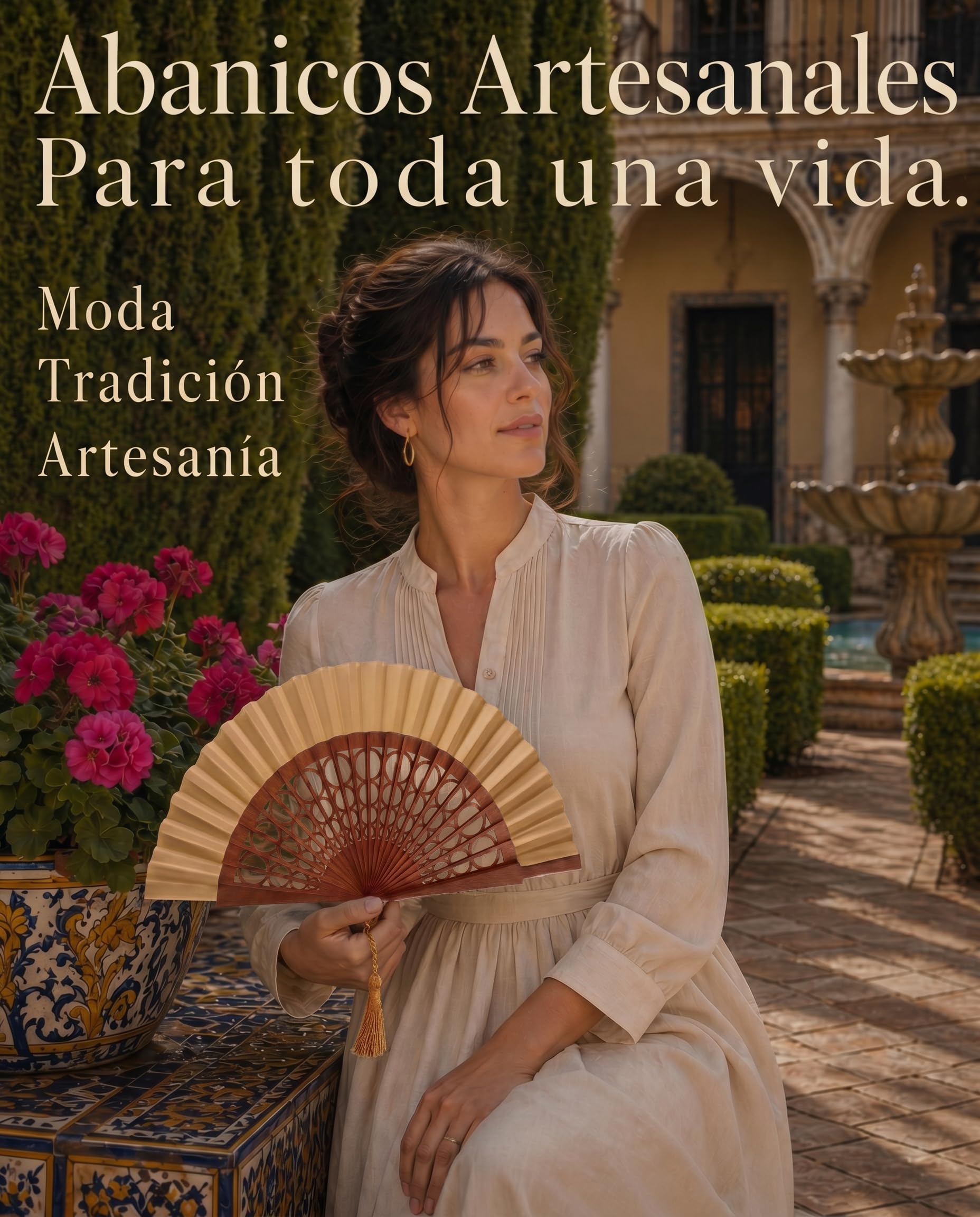 Abanico Español Artesanal 100% Algodón y Madera de Sipo Grande para Mujer Camel Esfera