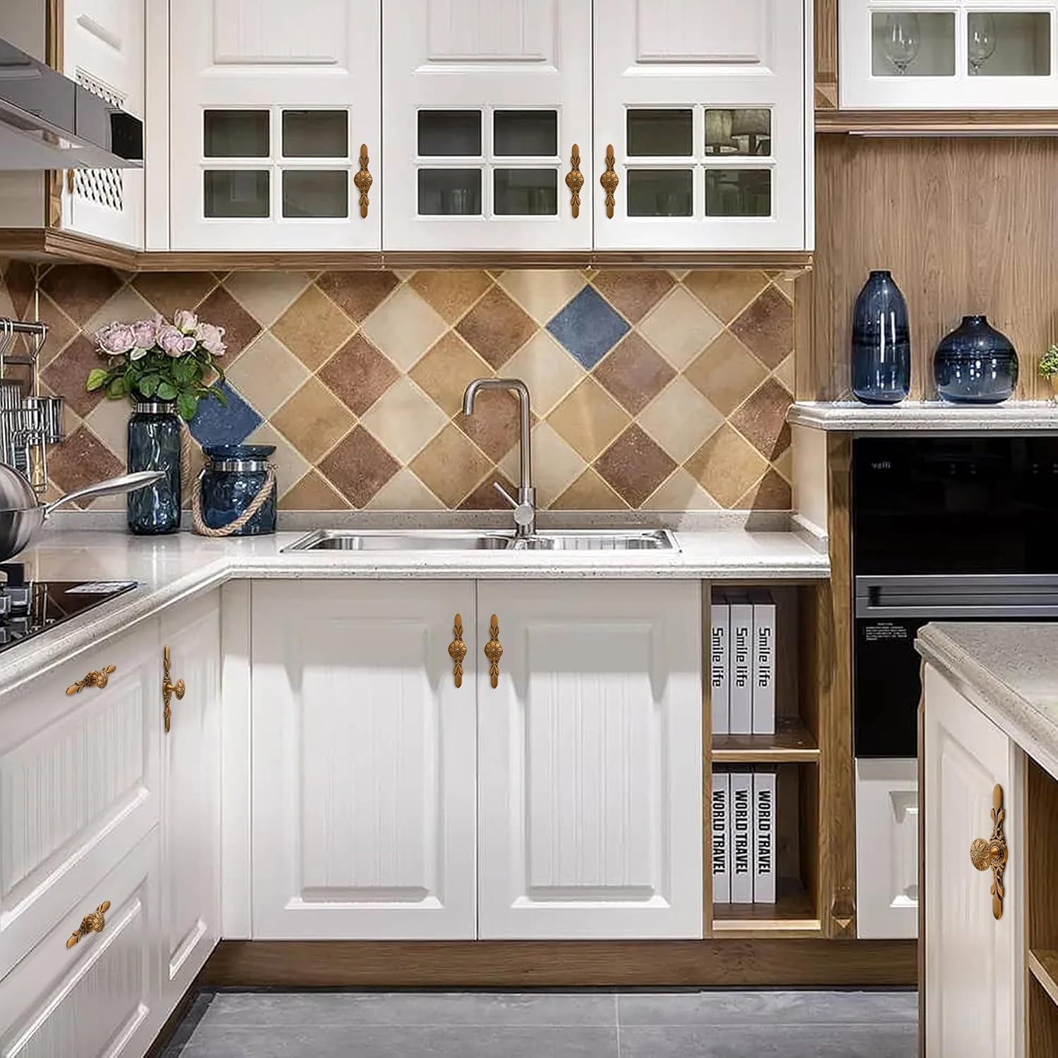 10 Set 1.41" Antique Brass Cabinet Hardware Knobs & Plates for Cabinets Drawers, Kitchen Cabinet Flower knobs and Plates