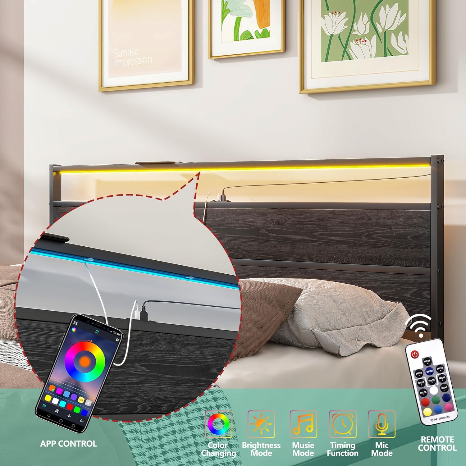 BOFENG Queen Bed Frame,Queen Size Metal Platform Bed Frame with Storage & LED Light Headboard and USB Charging Station,No Box Spring Needed,Heavy Duty Metal Slats,Noise Free,Black - Image 6