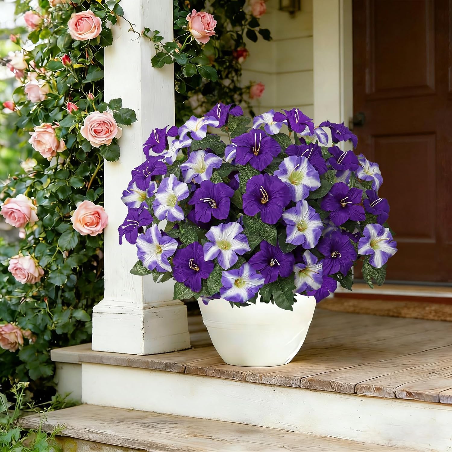 4 Bundles 20.5 inch Long Stem Artificial Flowers for Outdoor, UV Resistant Morning Glory Flower Faux Petunias Fake Flowers for Outdoor Planter Garden Porch Home Indoor Decor (Double Purple)