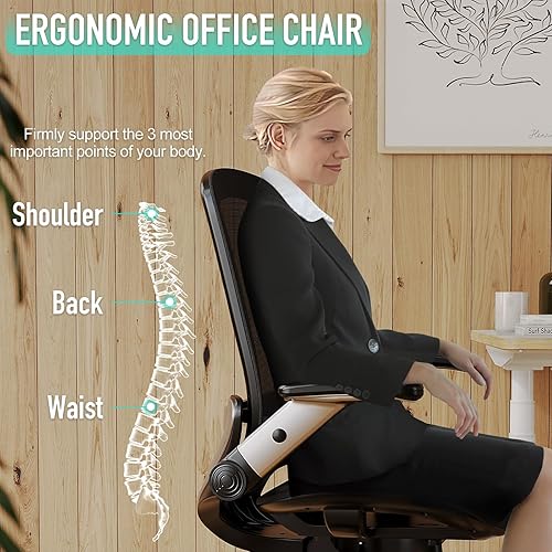 Miniatura 5 de GABRYLLY Silla de oficina ergonómica, silla de escritorio de malla, soporte lumbar y brazos abatibles ajustables, asiento ancho suave, inclinación