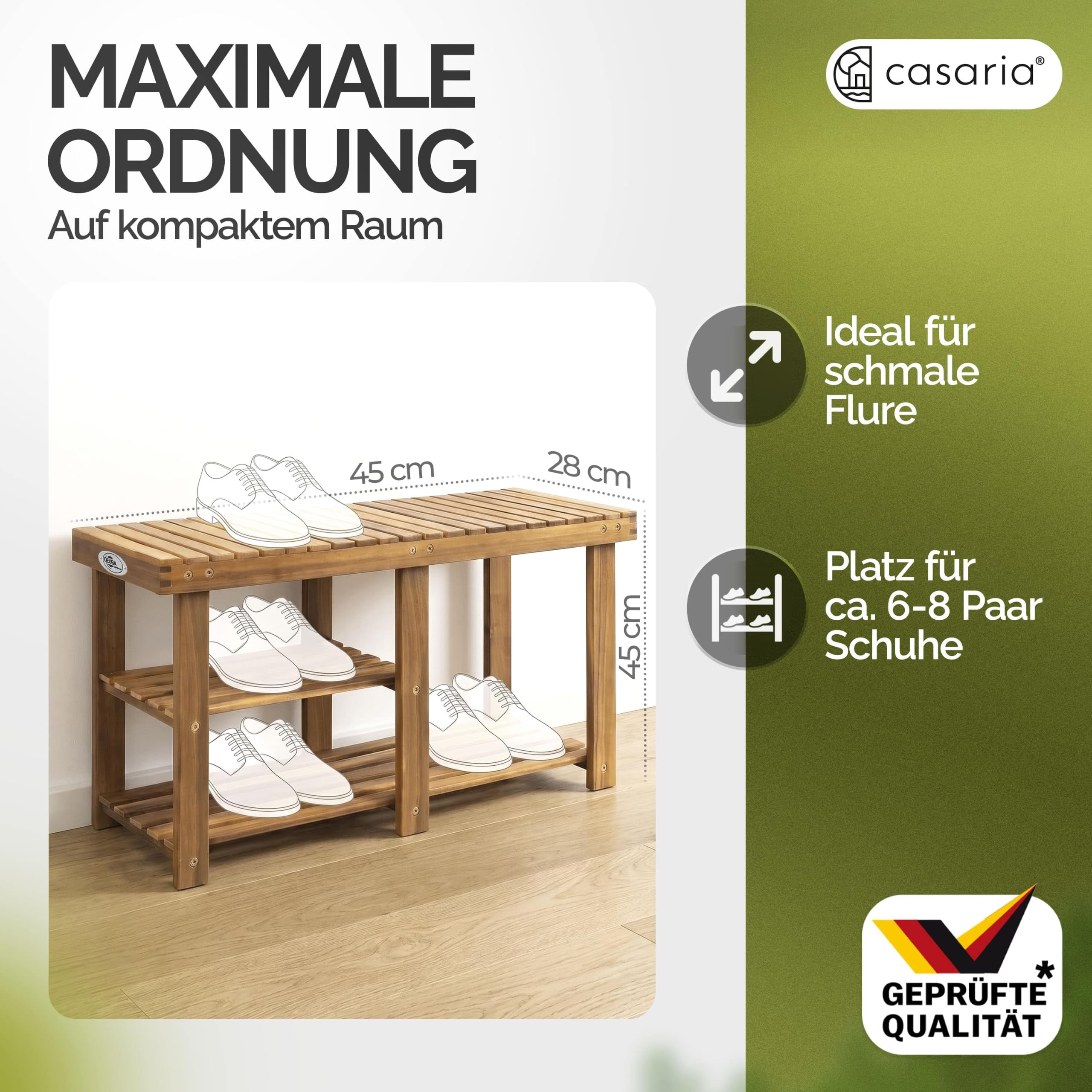 Casaria Schuhbank mit Sitzfläche 87 x 45 x 30 cm 160kg Belastbarkeit 3 Ebenen Akazie Holz Massiv Flur Diele Bad Sitzbank Schuhregal Schuhschrank Braun