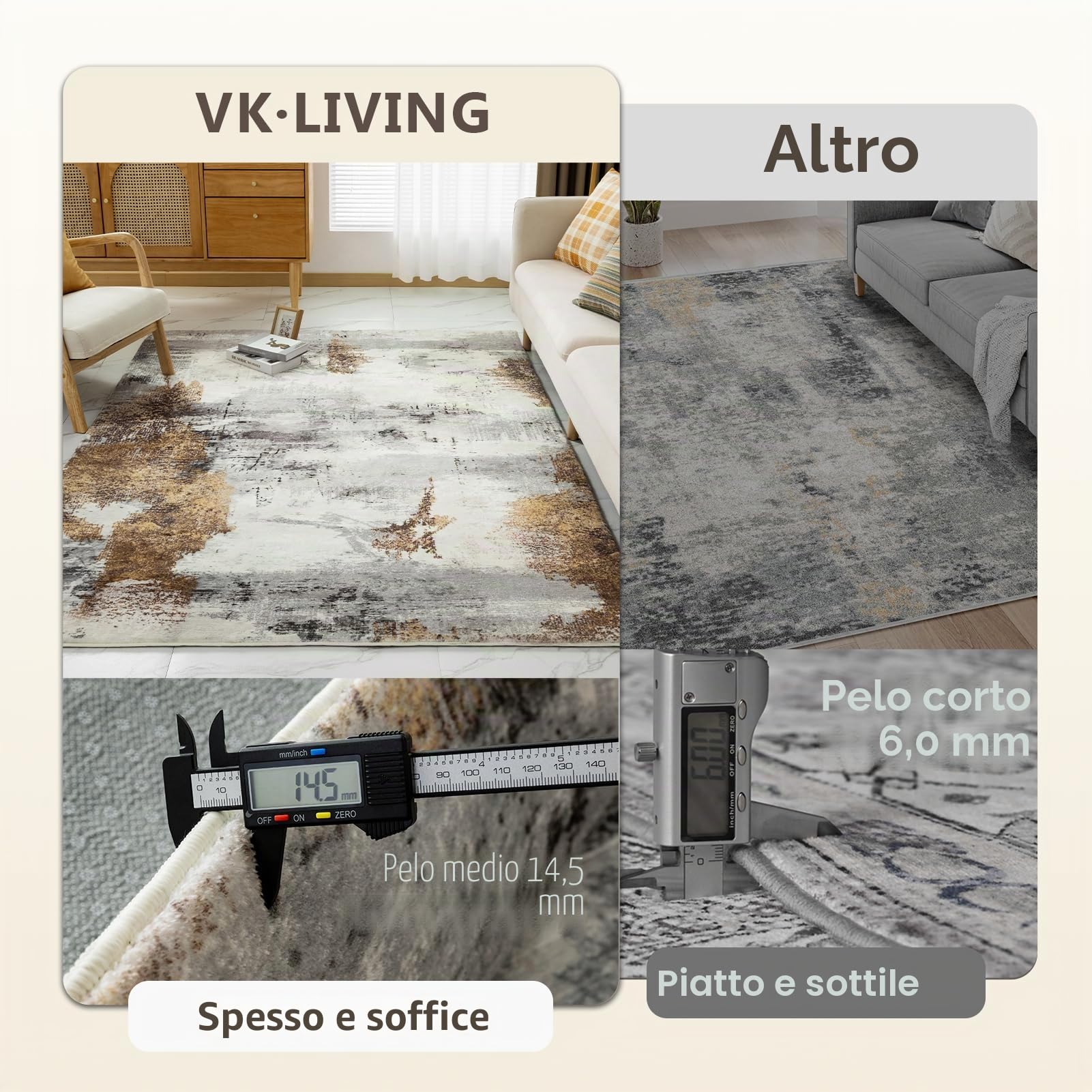 VK·LIVING Tappeti per il Soggiorno Aggiornati 14.5mm Spugna Spessa Tappeto | Astratto Moderno Antiscivolo Tappeto a pelo Medio per Soggiorno Camera da letto Ufficio Grigio oro 160X230CM