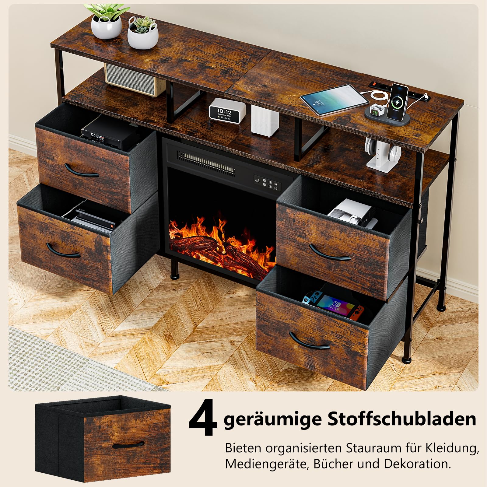 Waleaf TV Schrank, TV Lowboard mit 18 Zoll Elektrokamin, 3D Flammeneffekt & Heizung, LED Beleuchtung, 4 Stoffschubladen, Steckdosen & USB Buchse, Fernsehtisch für Fernseher bis zu 55 Zoll, Wohnzimmer