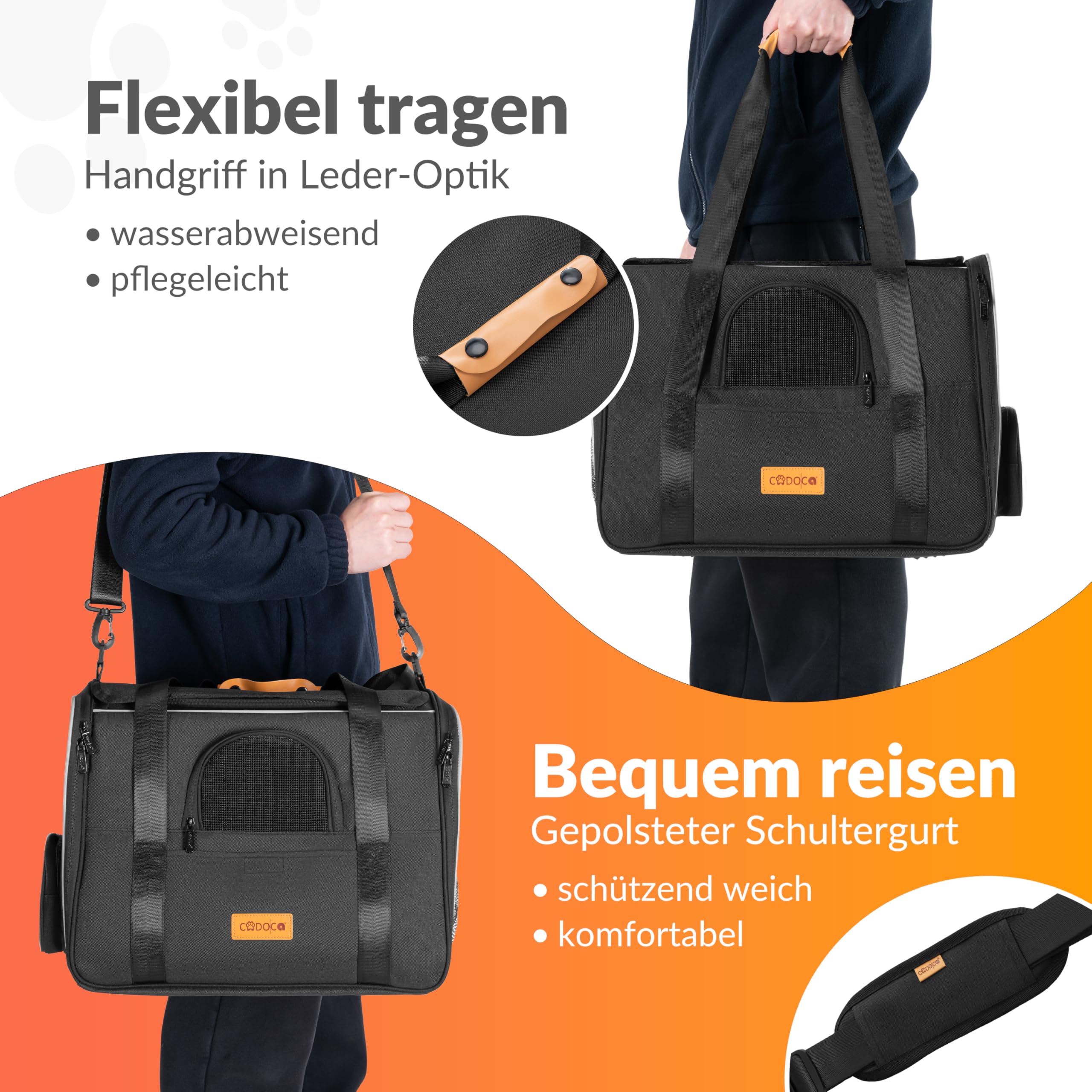 CADOCA® Transportbox Katzen bis 20kg faltbar Sonnen- und Regendach Schultergurt mit Napf Atmungsaktiv Komfortabel Wendekissen Haustier Katzenbox Tragetasche Hunde Auto Anthrazit