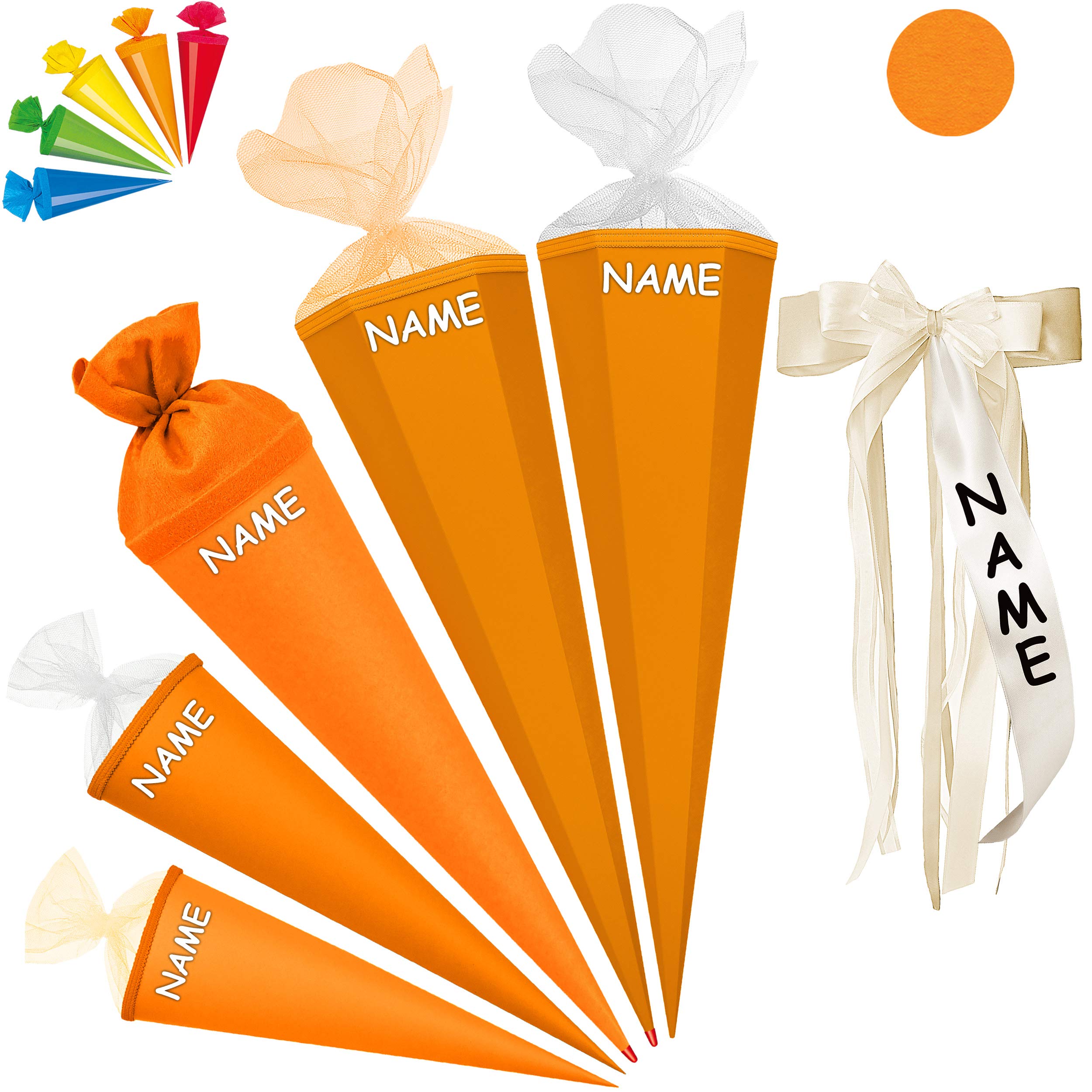 alles-meine.de GmbH Set_ Schultüte - Rohling - ORANGE + 5 kleine Zuckertüten - 85 cm - mit Holzspitze - 6 eckig - incl. Name und individueller großer Schleife - Tüllabschluß - Zu..