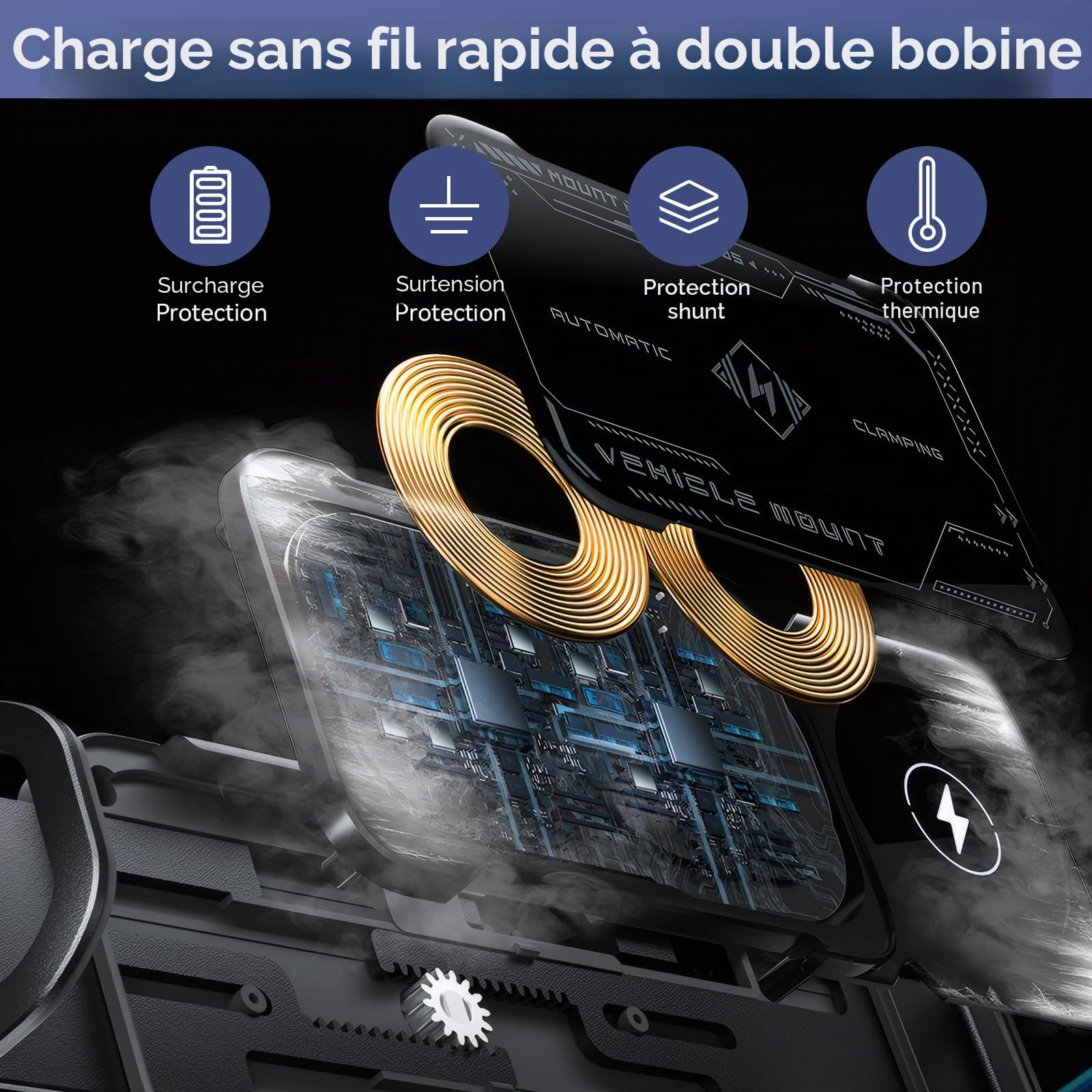 Qoosea 15W Support Telephone Voiture Induction, Qi Rapide Chargeur Induction Voiture Double Bobine, Auto Clamping Chargeur sans Fil pour Samsung Galaxy Z Fold 6/5/4/3/2 S25/S24/iPhone 16/15 Série