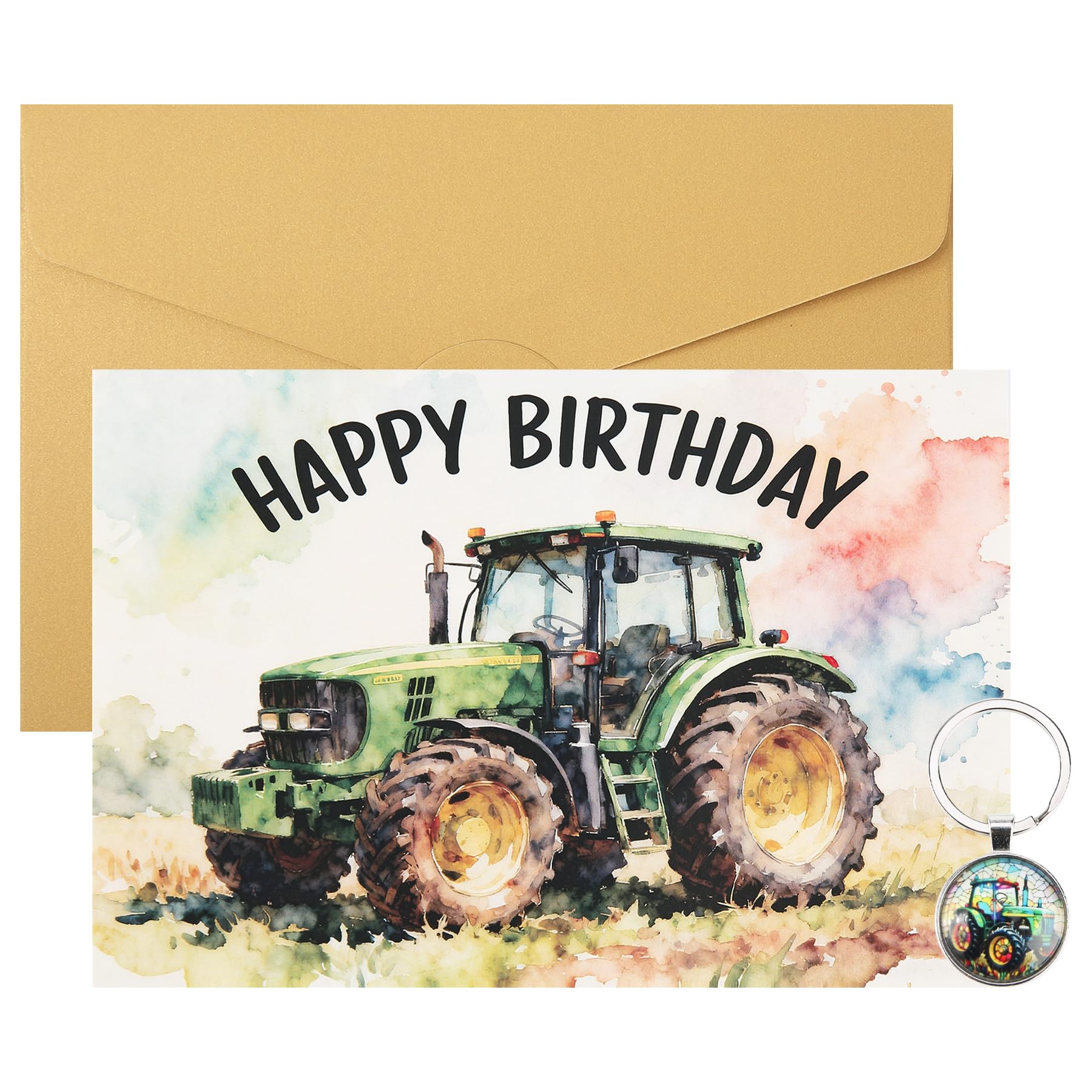 Wasise Tractor Birthday Card - Vintage Tractor Tractor Birthday Card with Stained Glass Keychain, Rustic Tractors Gifts for Men, Farmer Birthdays Cards, Unique Tractors Gifts for Countryside Lovers