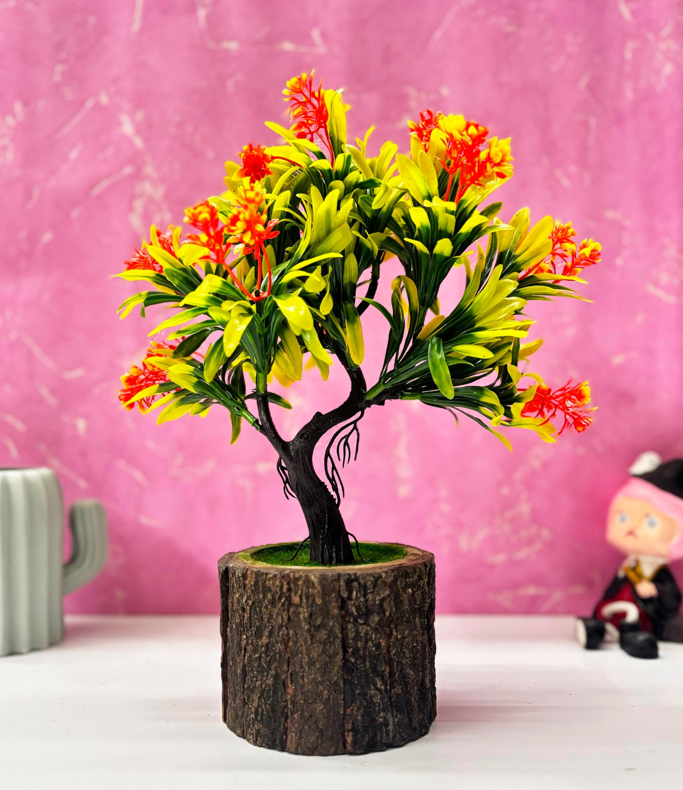 Dekorly Small Artificial Bonsai Tree Fake Plant Potted House Plants Japanese Pine Bonsai Plant Faux Bonsai for Home Indoor Decoration Office (Wooden Potted Plants, Design-J)