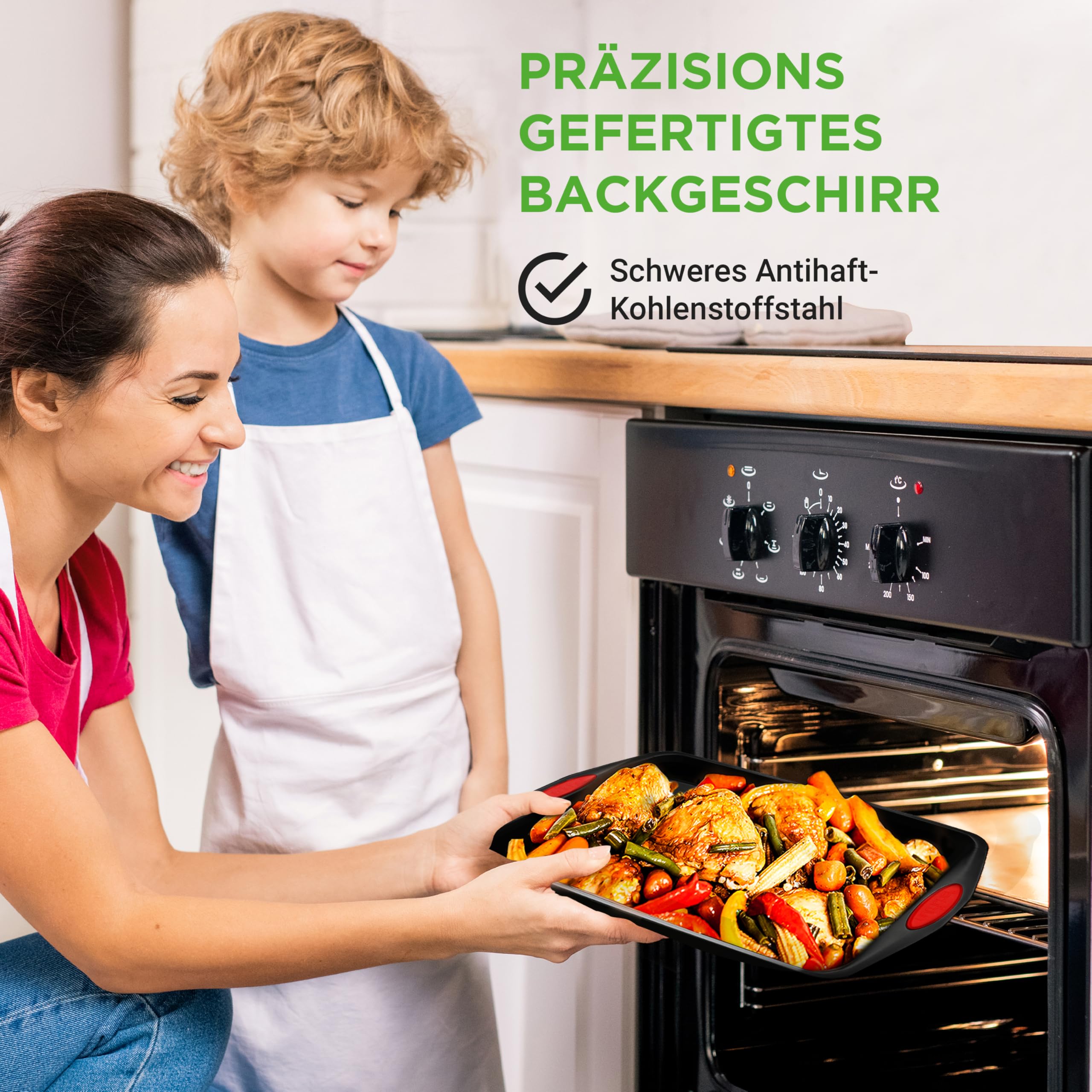 NutriChef Backformen Set 6-teilig – Antihaft Kohlenstoffstahl, PFOA & PTFE-frei, mit Muffinform, Kastenform, Bratform & 2 Keksblechen, Silikongriffe, ofenfest bis 230°C