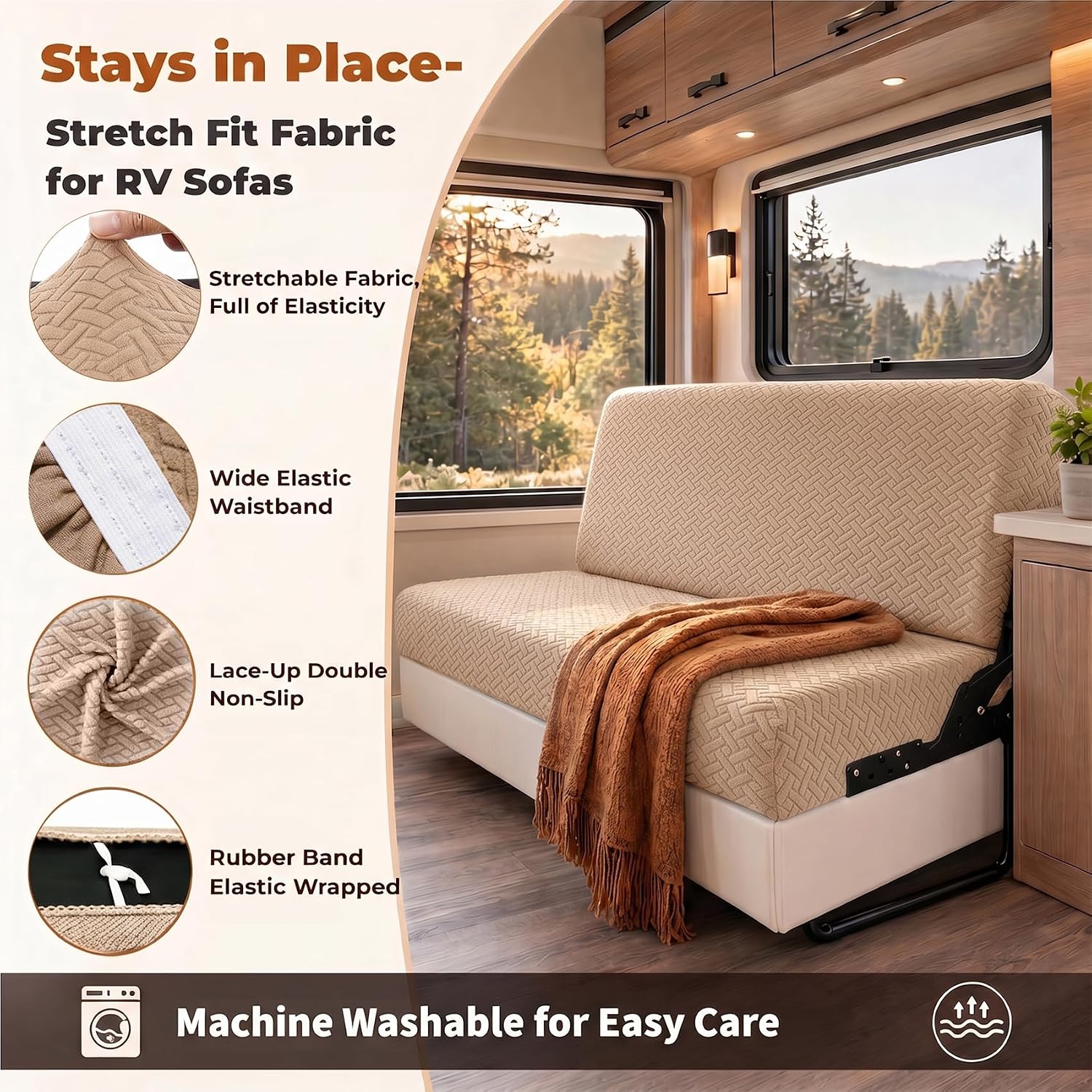 Apexlife 2 Piece RV Couch Covers for Jackknife Sofa Bed, Khaki