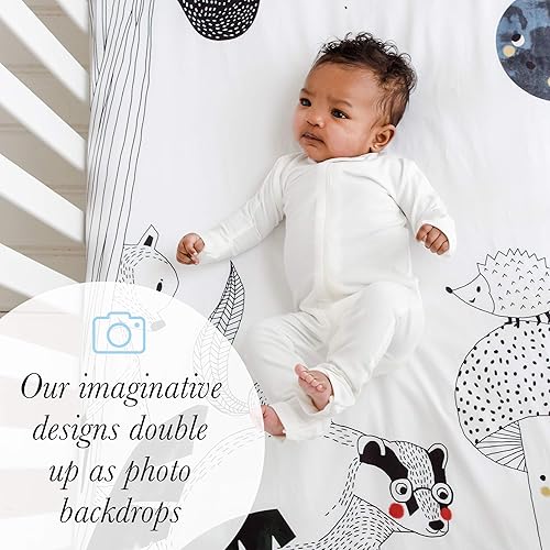 Miniatura 3 de Rookie Humans Sábana bajera ajustable 100% satén de algodón para cuna: sueños de bosque. Moderna habitación del bebé, uso como fondo de fotos para