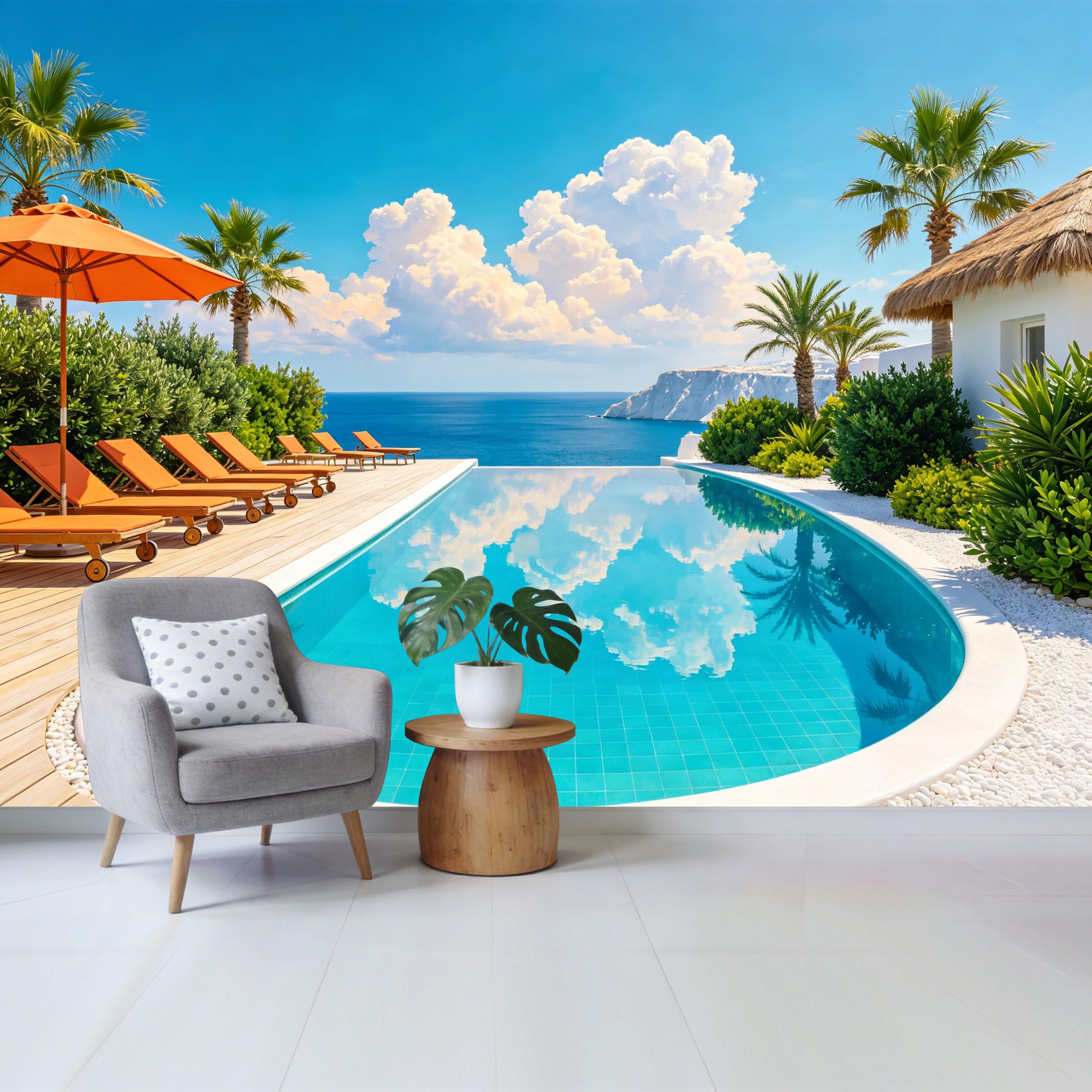 Custom Size Wall Mural Coastal Ocean View Infinity Pool Palm Trees Landscape Removable Self Adhesive Fabric Home Wall Decor for Living Room Bedroom Bathroom