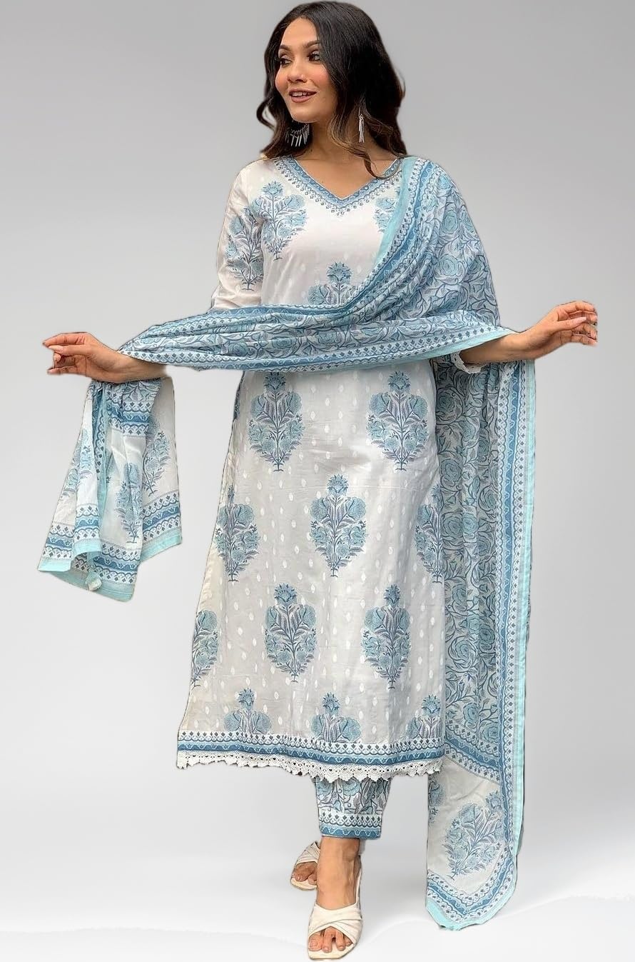 Women Cotton Block Printed Kurta Pant With Dupatta
