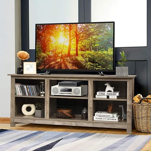 Miniatura 2 de Tangkula Soporte universal de madera de granja para TV de hasta 65 pulgadas, mesa consola de TV rústica con 6 estantes abiertos, centro de