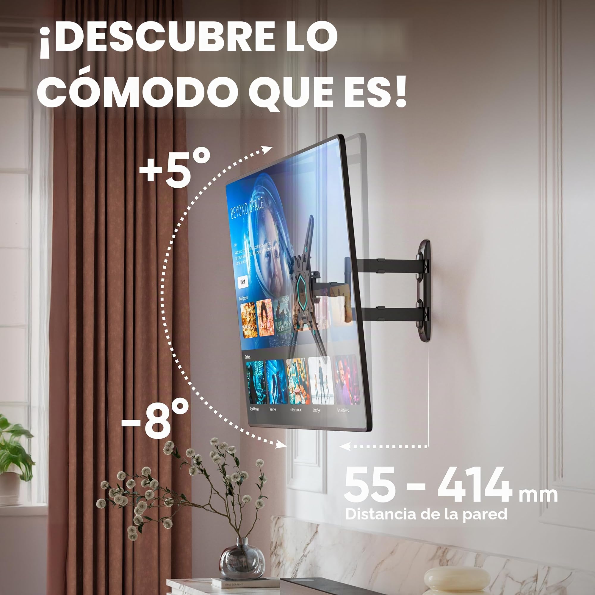 ONKRON Soporte TV Pared 32-65 Pulgadas, Carga de hasta 35 kg, VESA 100x100-400x400 mm, Soporte Television Pared Articulado, Inclinable y Giratorio 180°, Brazo TV Extensible, Negro M4-B