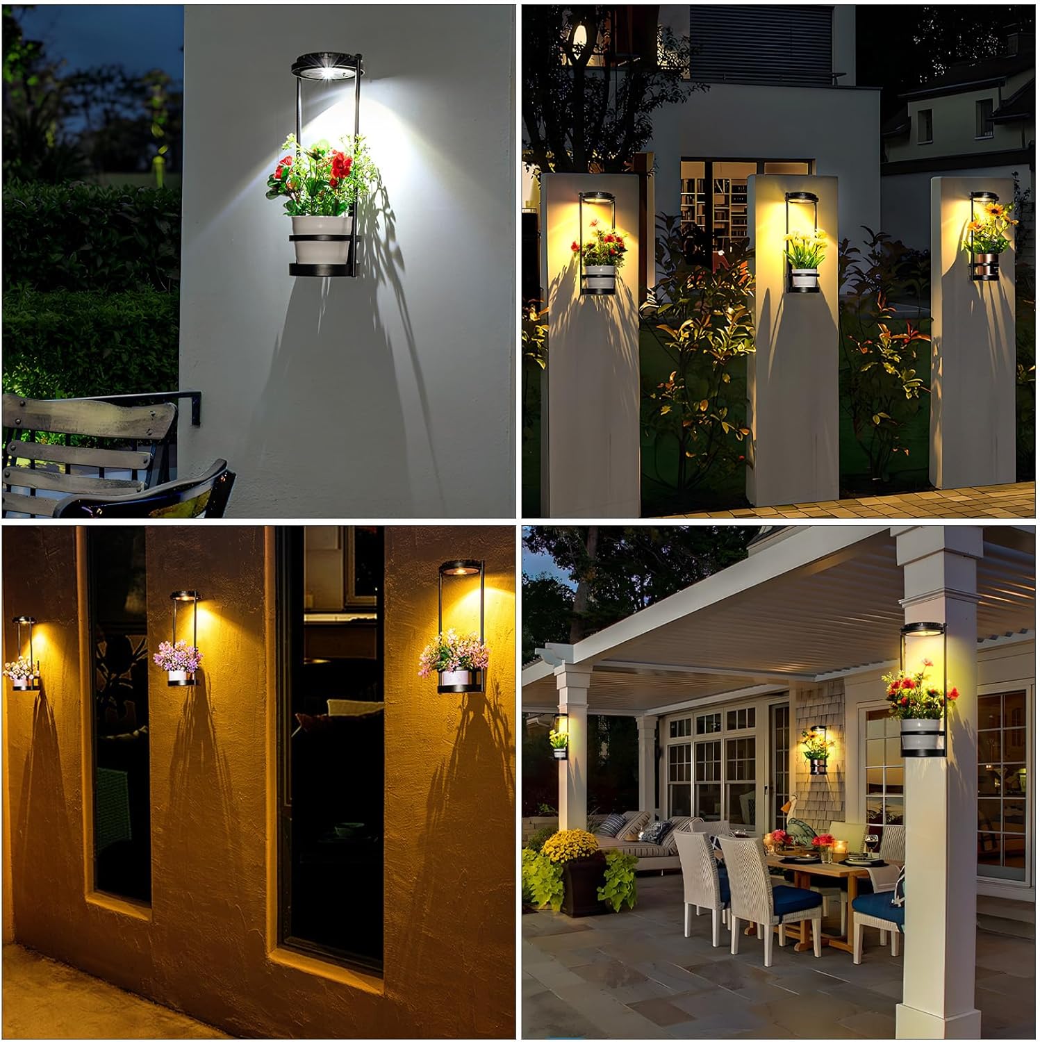 Solar Floor Lamps with Plant Stand, 3 Color Temperatures Solar Outdoor Lights, Metal Hanging Plant Holder Outdoor Wall Sconce for Garden Yard Patio Balcony (Black)