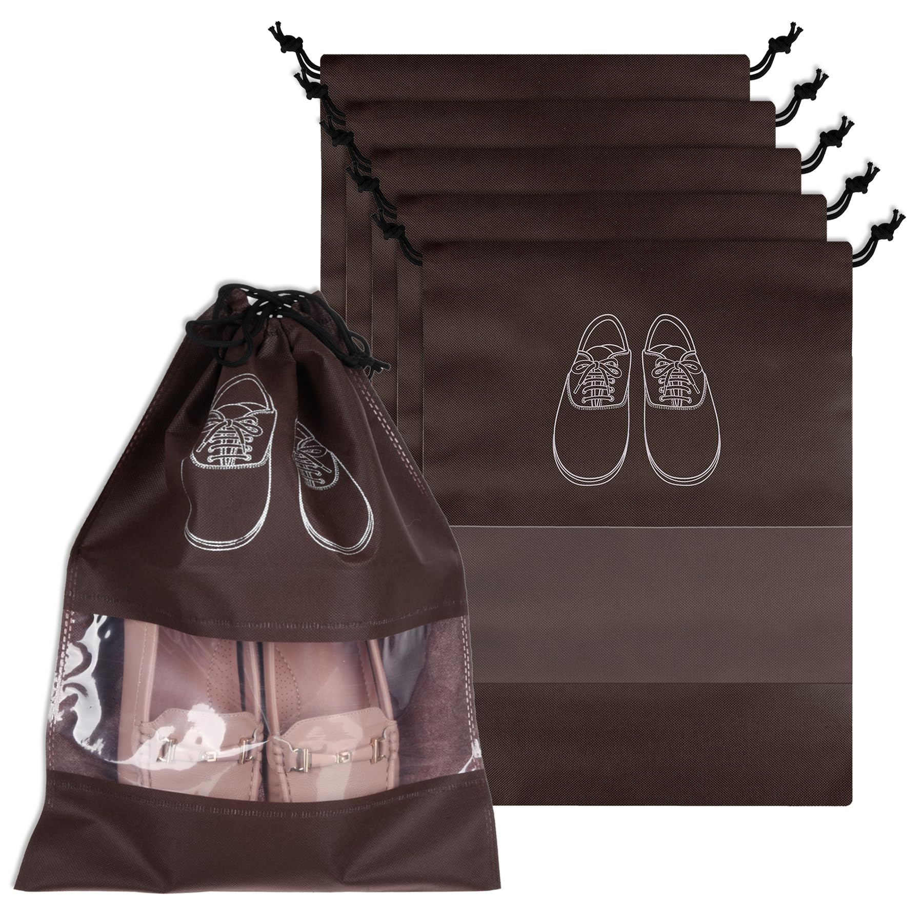 Pack of 6 Shoe Bags | Shoe Bags for Travel | Non-Woven Shoe Storage Bags | Storage Organizers Set | Shoe Cover with Transparent Window | Shoe Dori Cover | Coffee-image-42