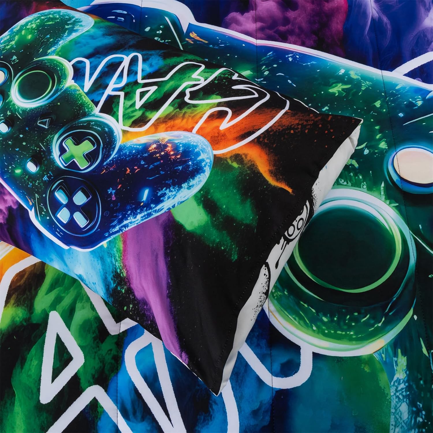 Aimuan Gamer Gaming Bedding Sets 3D Gamepad Comforter Sets for Boys Games Console Action Buttons Novelty Colorful Game Controller Modern Room Decor Home Quilt Set (Black-Green, Twin)
