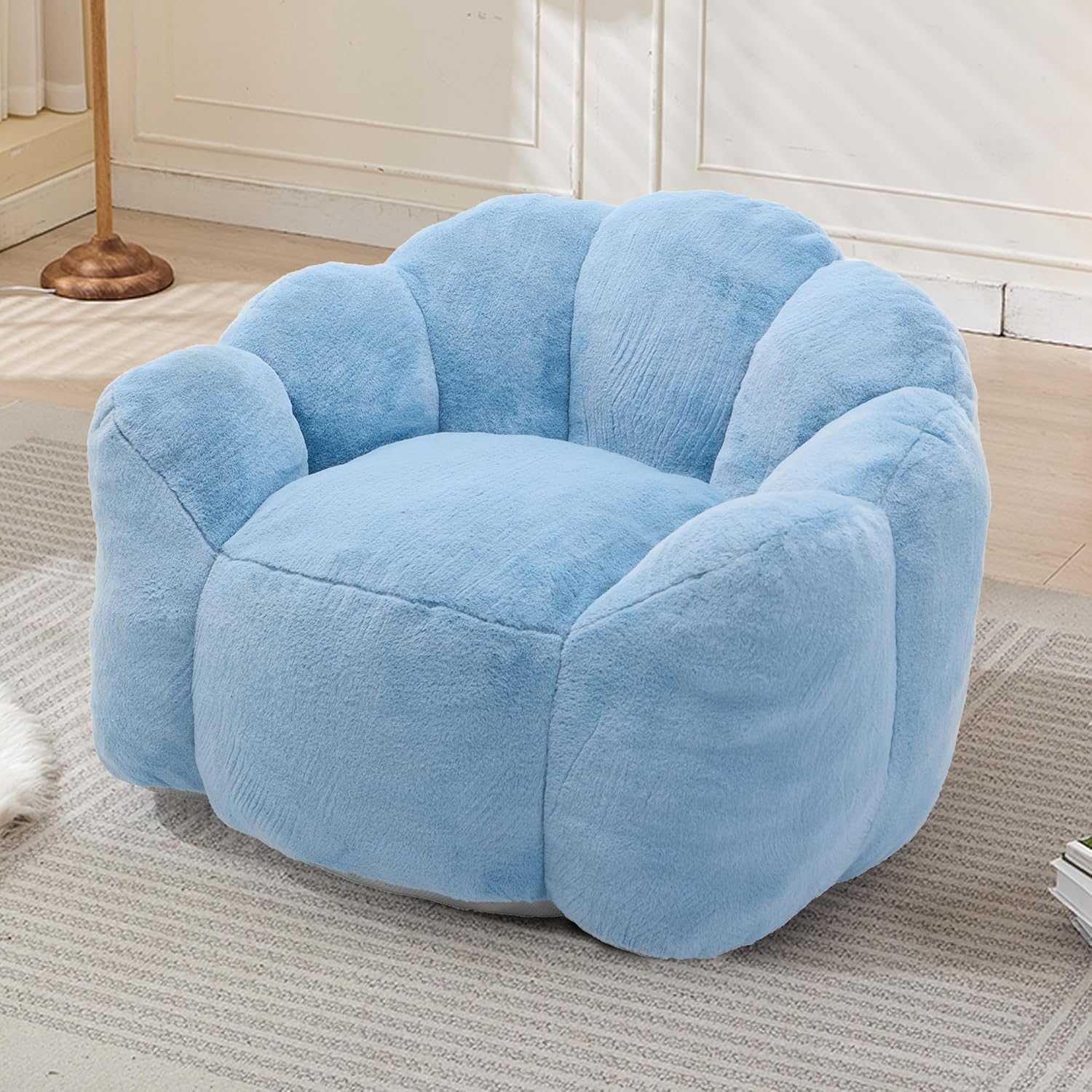 Large Bean Bag Chair for Adults, Comfy Faux Fur Lotus Shaped Bean Bag with Filler, Giant Floor Reading Chair with Pull Ring, Lazy Beanbag Single Couch for Living Room, Bedroom, Lounge, Blue