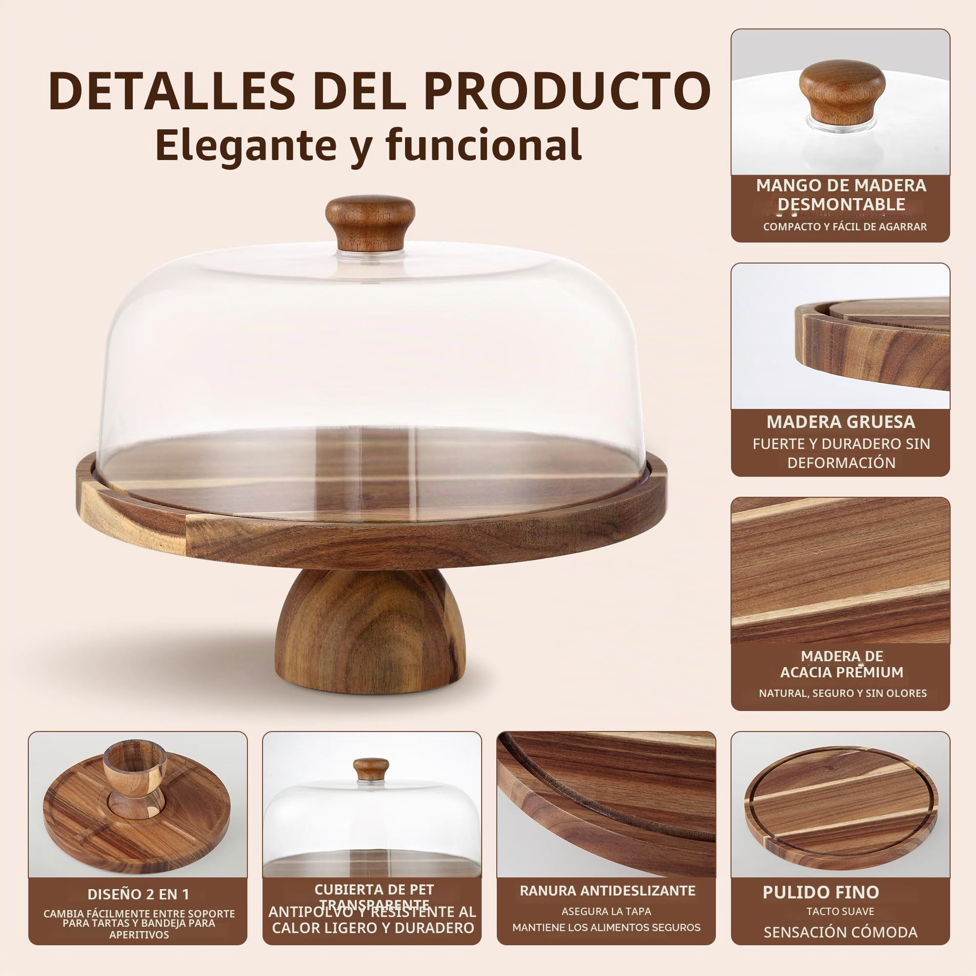 30cm soporte tarta de madera | bandeja doble cara para postres, frutas y snacks con base para tartas desmontable y campana para tartas PET transparente | Ideal boda, fiesta, té de la tarde