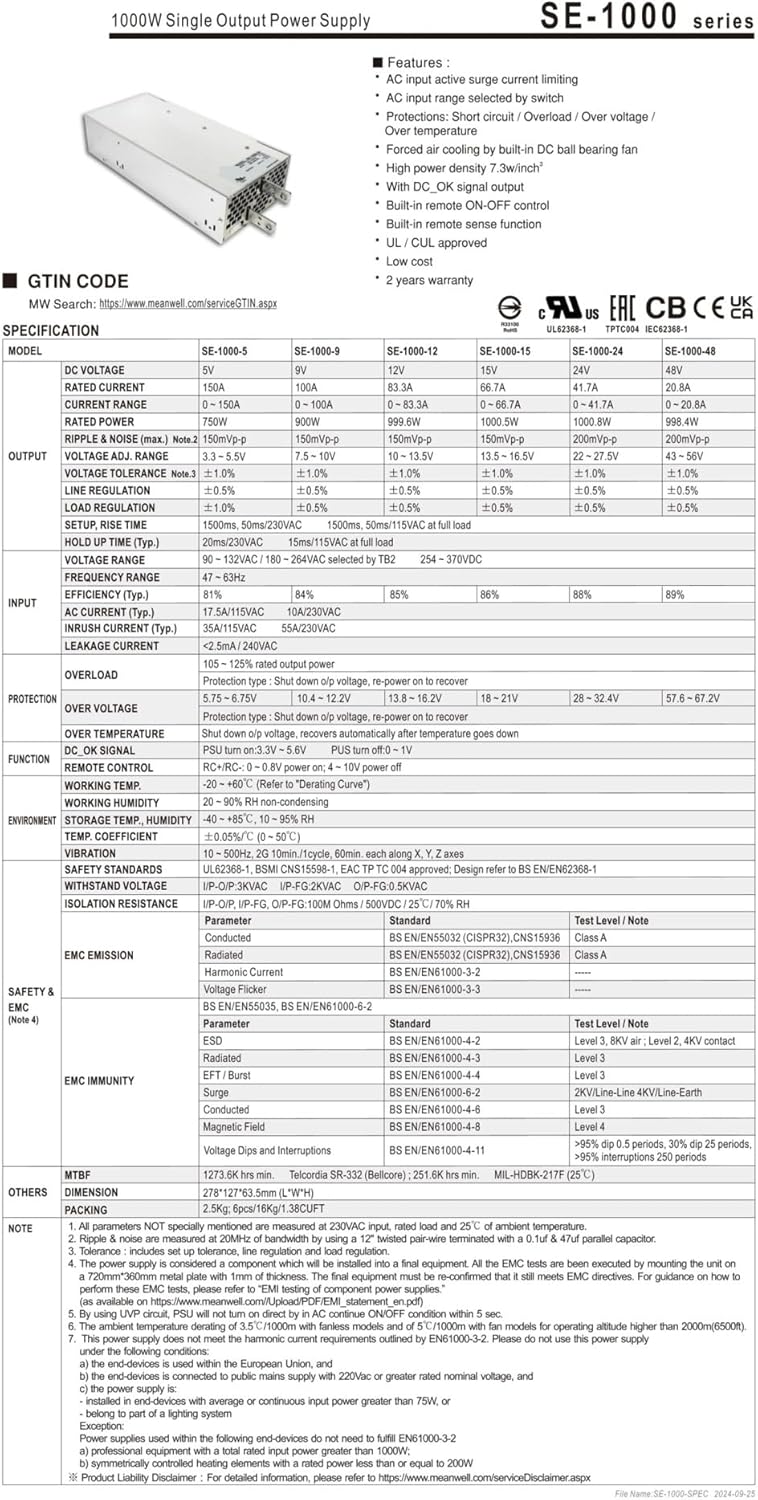 1000W Single Output Power Supply SE-1000-5 SE-1000-9 SE-1000-12 SE-1000-15 SE-1000-24 SE-1000-48 SE-1000(SE-1000-48)